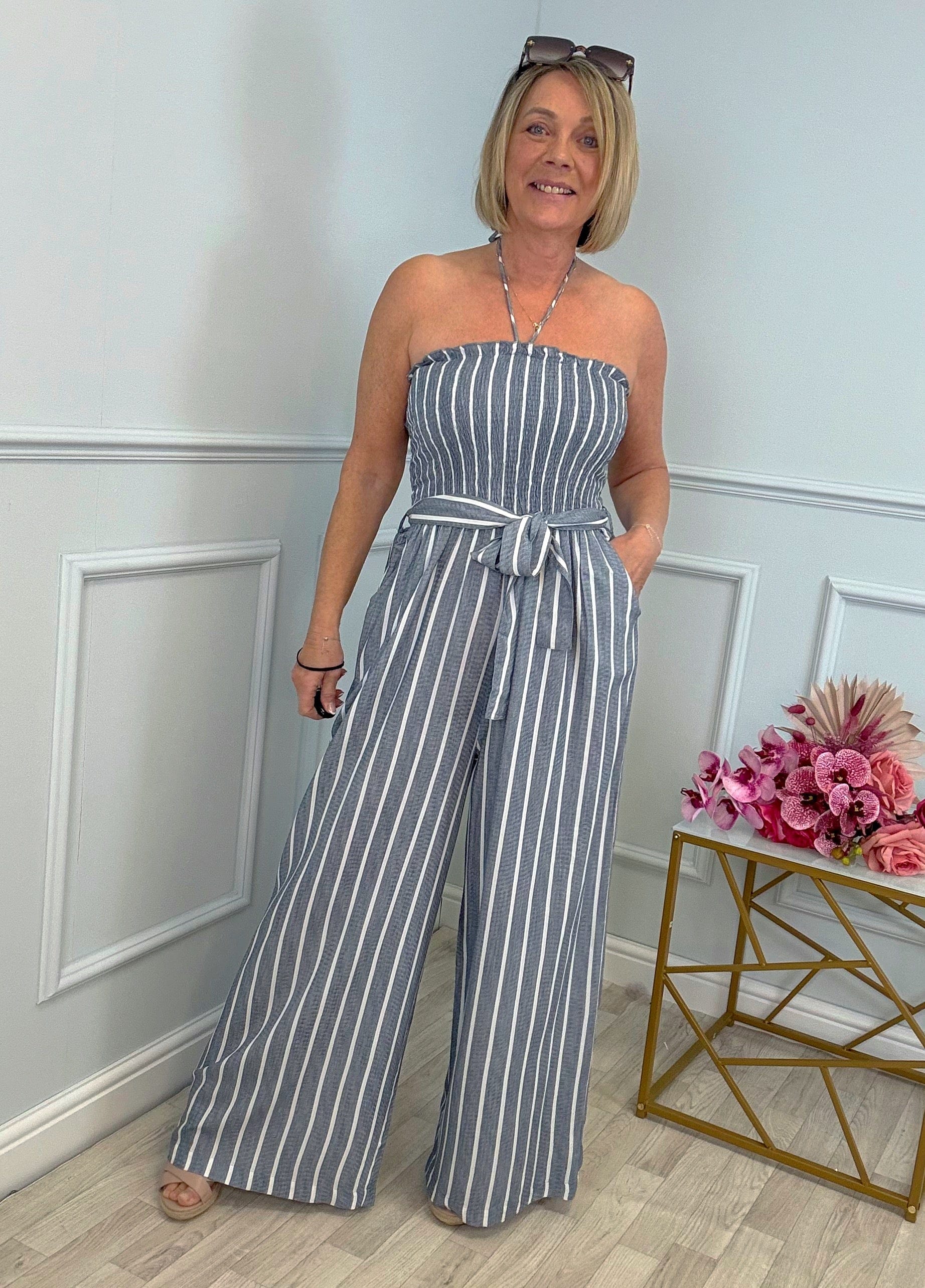 Elodie Pinstripe Shirred Tie Neck Jumpsuit 8-16 Denim Blue