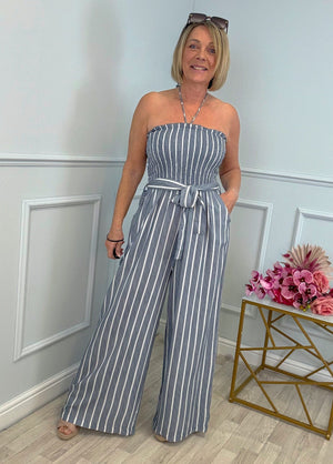 Elodie Pinstripe Shirred Tie Neck Jumpsuit 8-16 Denim Blue - Susie's Boutique