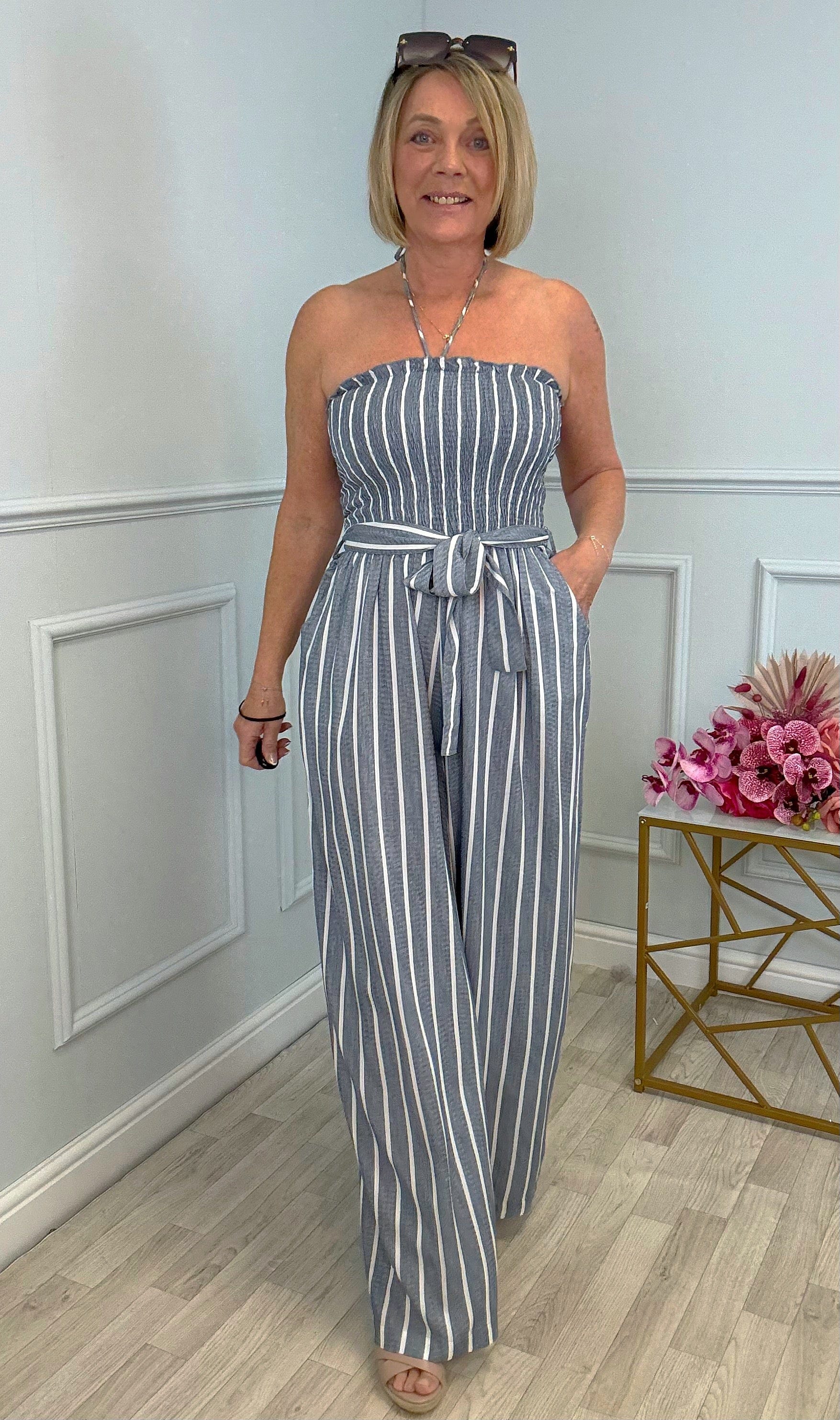 Elodie Pinstripe Shirred Tie Neck Jumpsuit 8-16 Denim Blue - Susie's Boutique