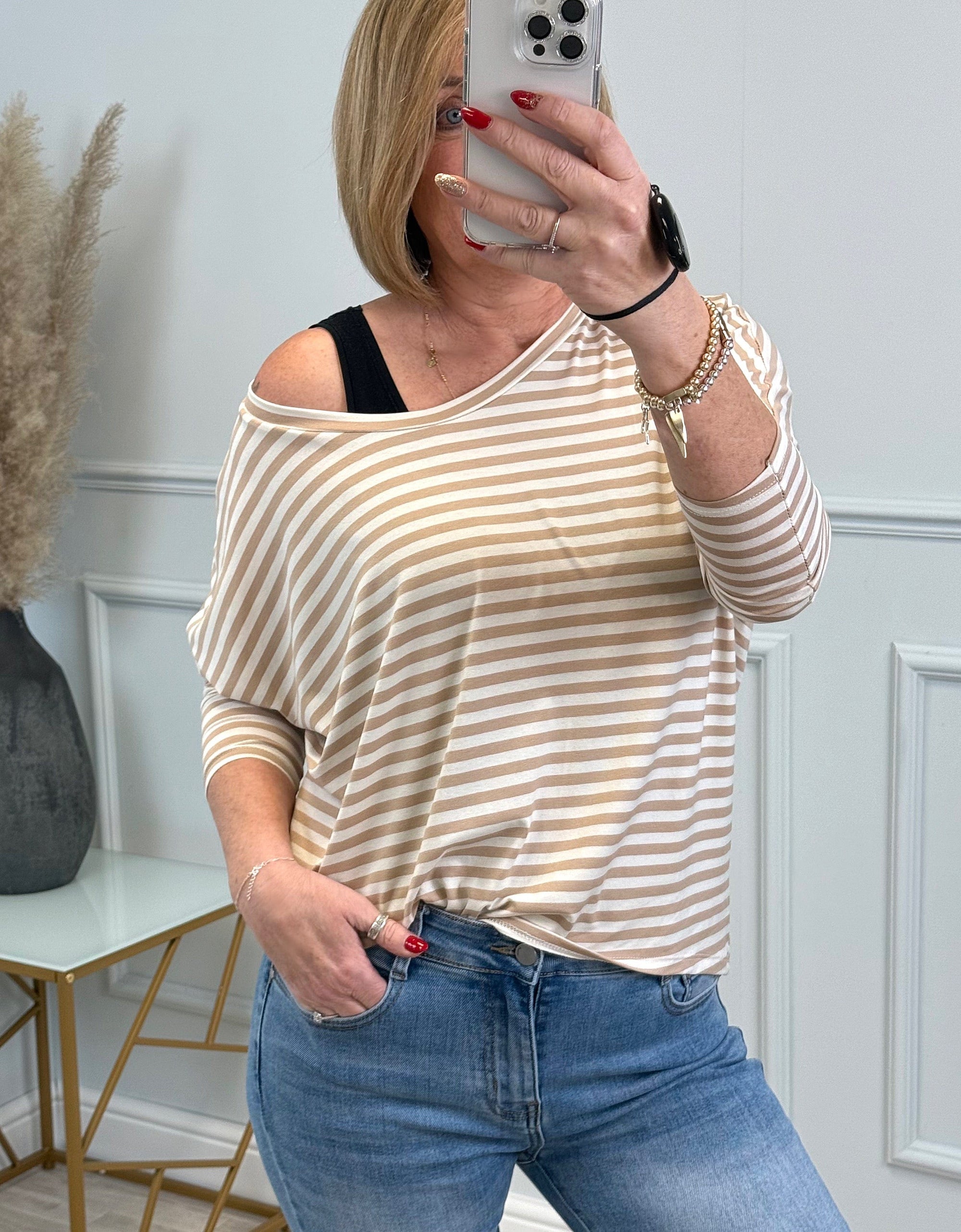 Hallie Scoop Hem Stripe Jersey Top - Size Inclusive (8-20) Sand - Susie's Boutique