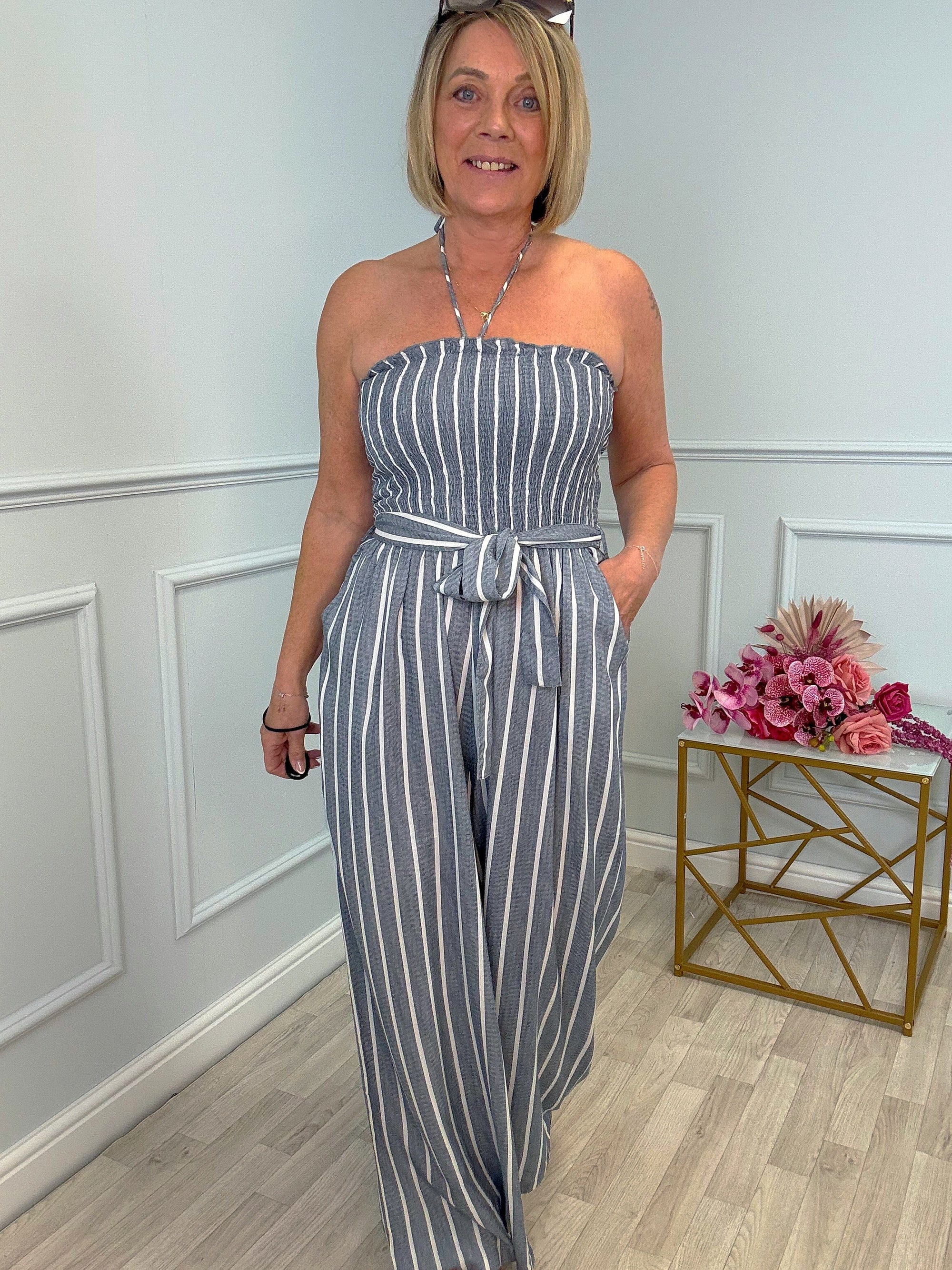 Elodie Pinstripe Shirred Tie Neck Jumpsuit 8-16 Denim Blue - Susie's Boutique