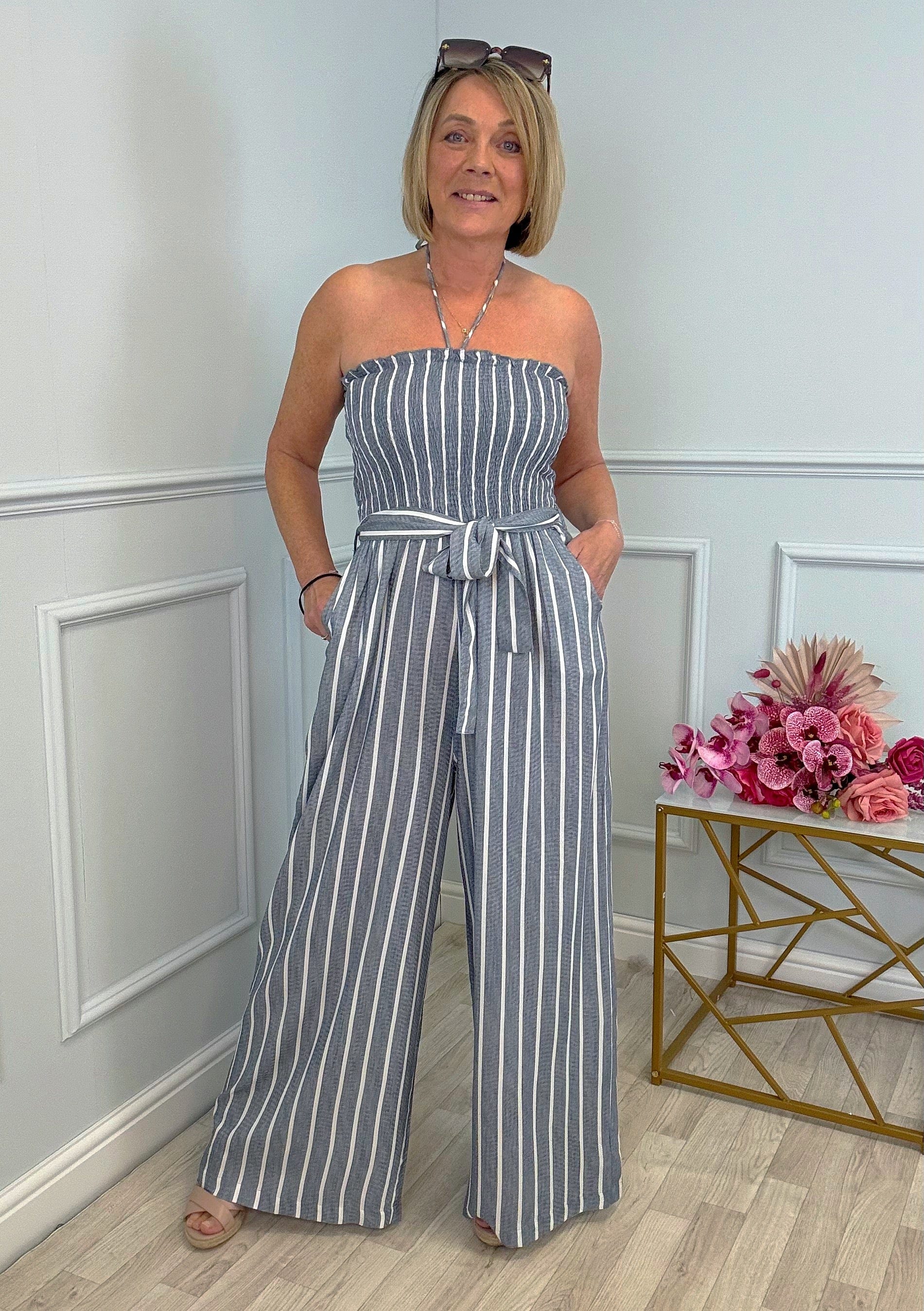Elodie Pinstripe Shirred Tie Neck Jumpsuit 8-16 Denim Blue - Susie's Boutique