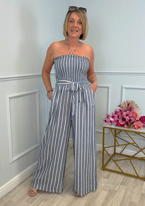 Elodie Pinstripe Shirred Tie Neck Jumpsuit 8-16 Denim Blue - Susie's Boutique