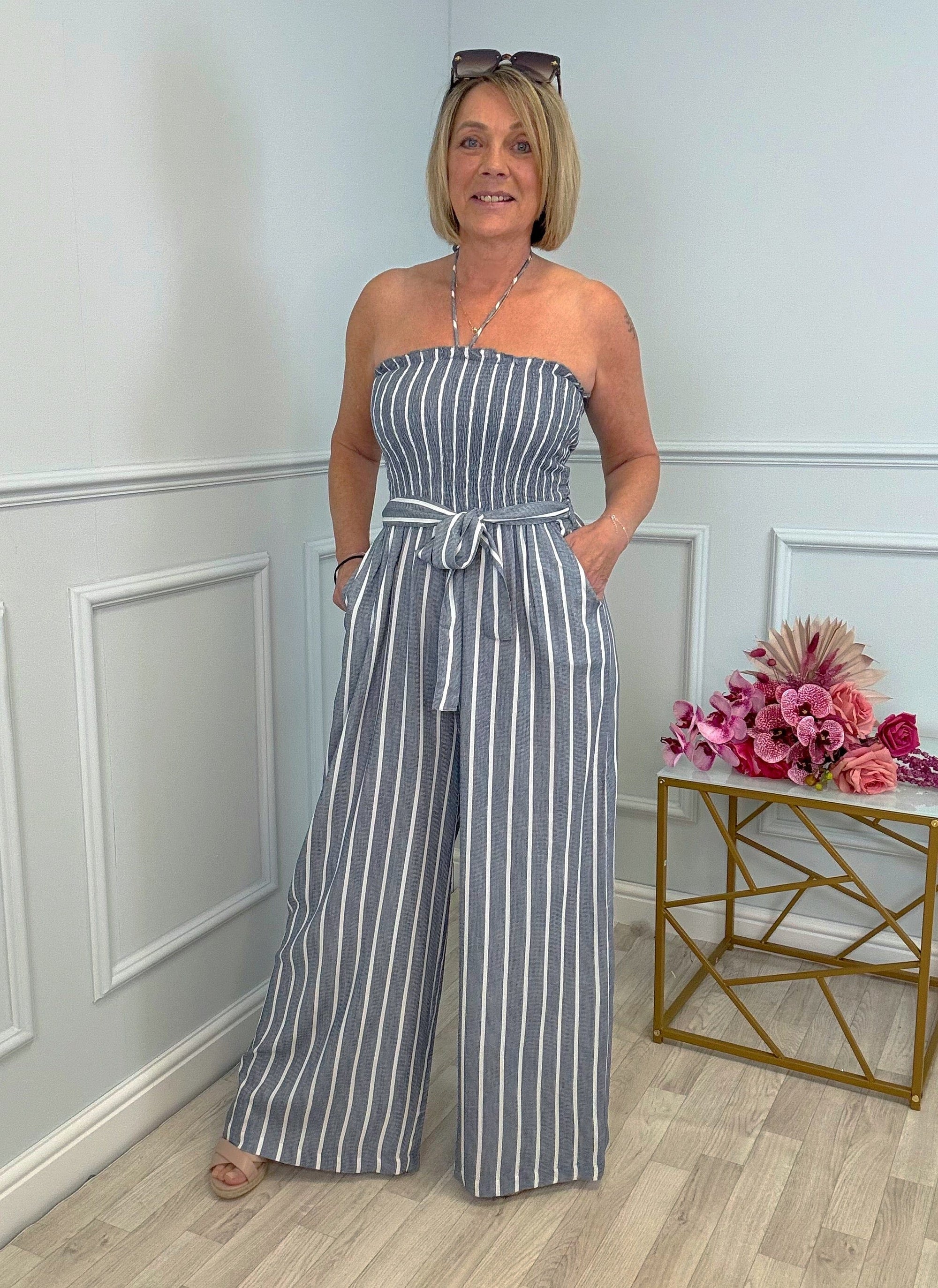 Elodie Pinstripe Shirred Tie Neck Jumpsuit 8-16 Denim Blue - Susie's Boutique
