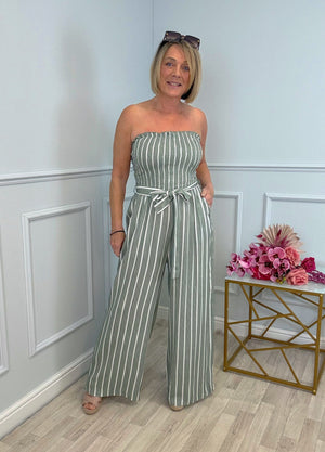 Elodie Pinstripe Shirred Tie Neck Jumpsuit 8-16 Khaki - Susie's Boutique