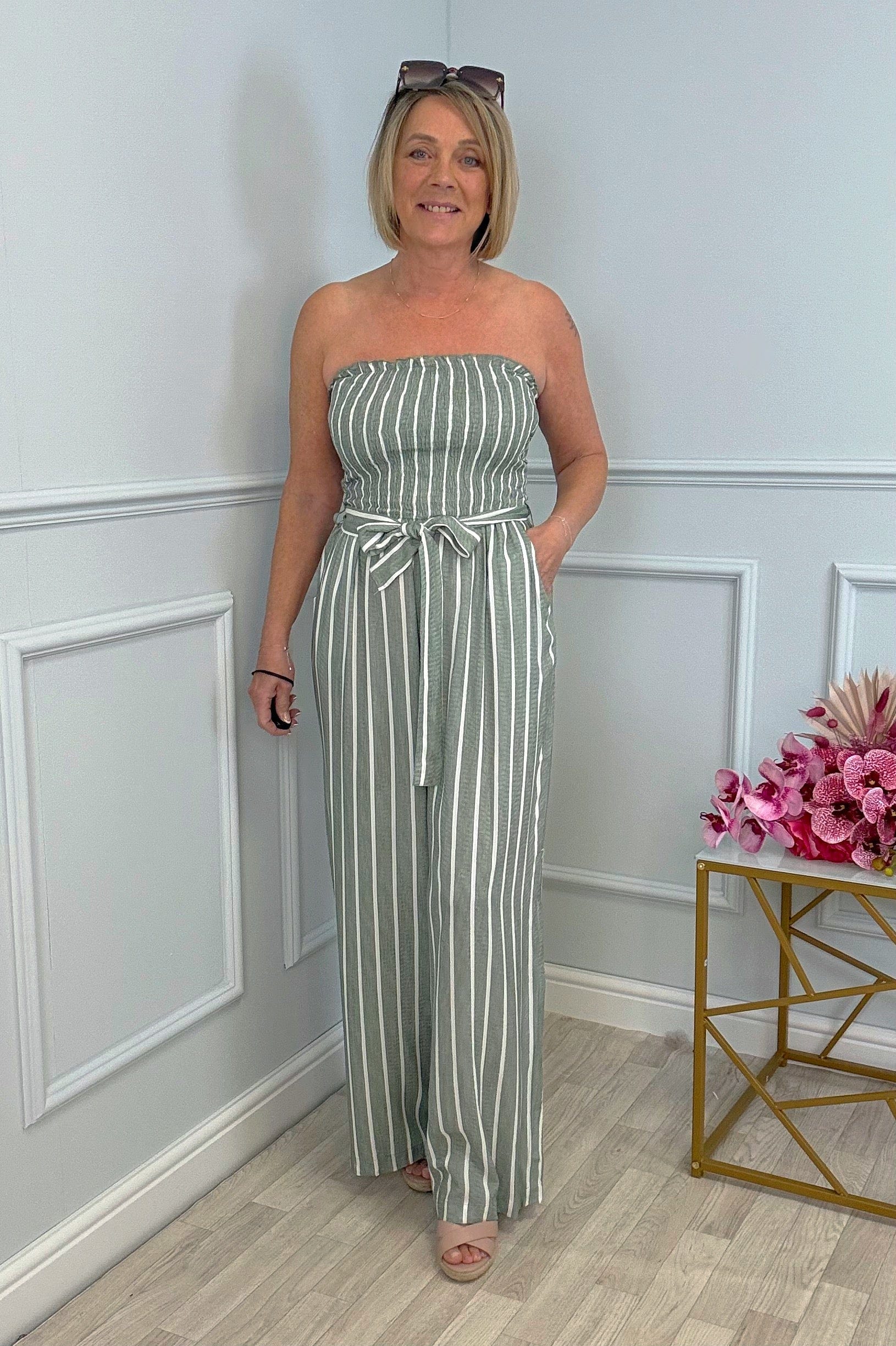 Elodie Pinstripe Shirred Tie Neck Jumpsuit 8-16 Khaki