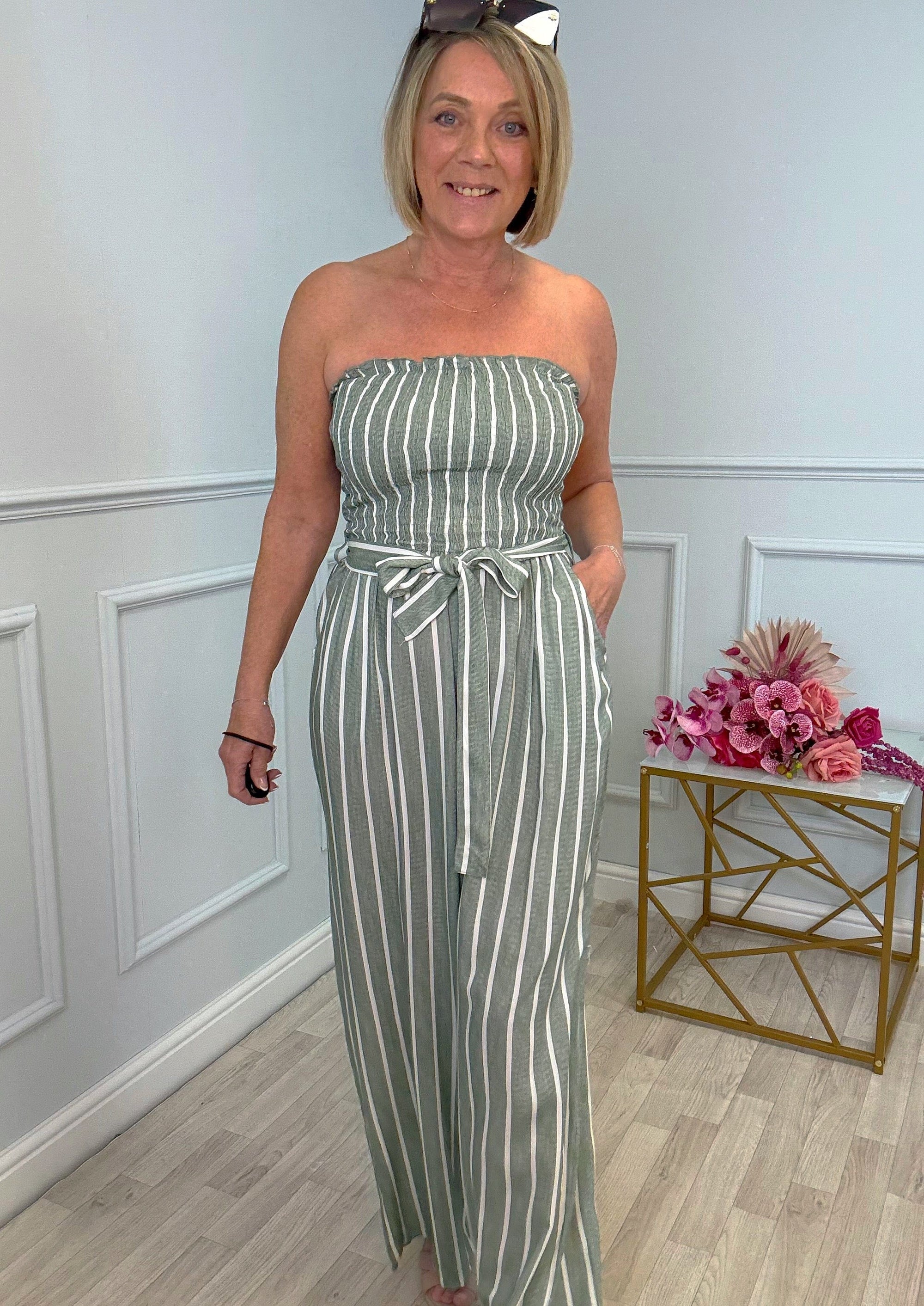 Elodie Pinstripe Shirred Tie Neck Jumpsuit 8-16 Khaki - Susie's Boutique