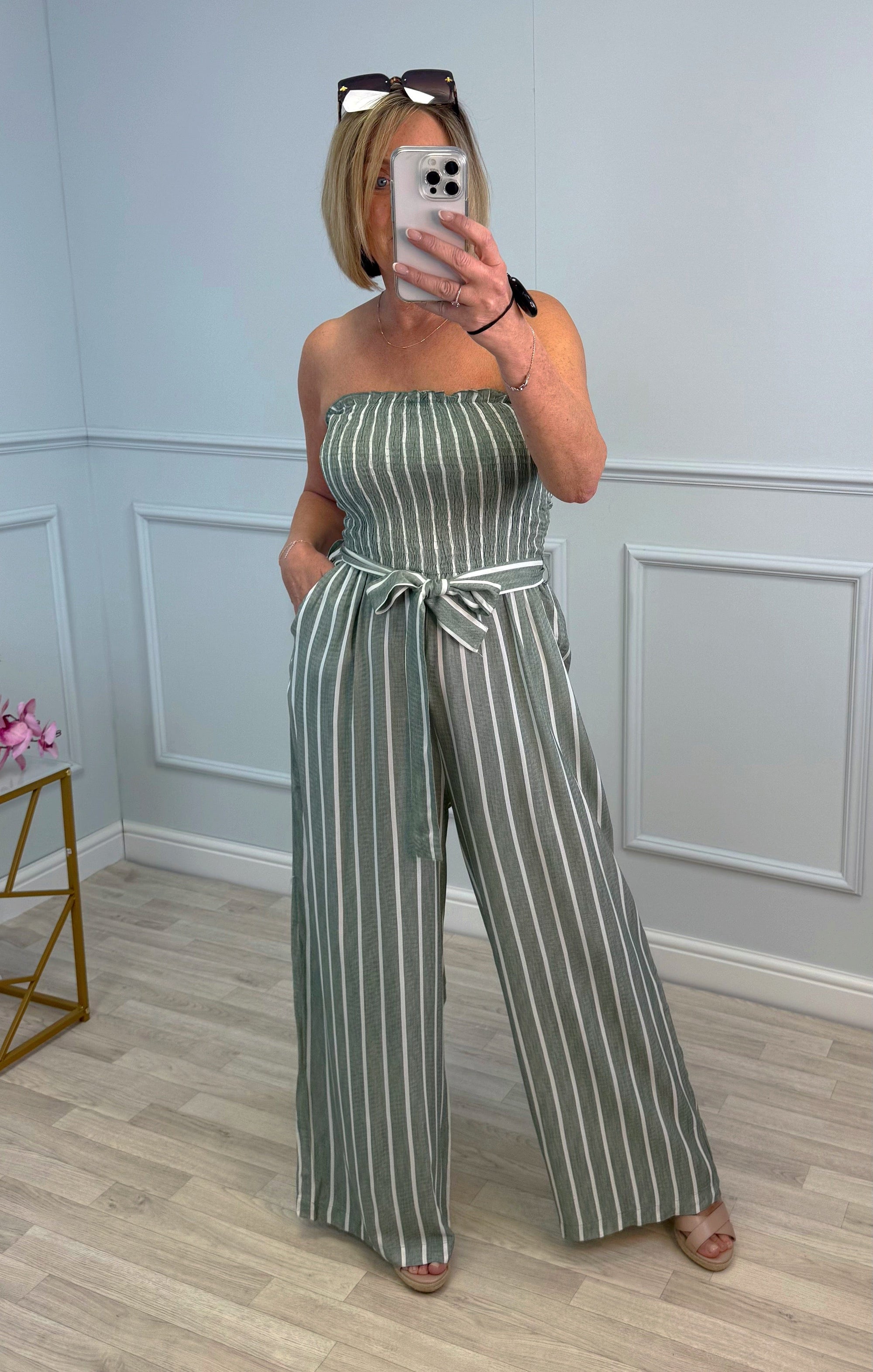 Elodie Pinstripe Shirred Tie Neck Jumpsuit 8-16 Khaki - Susie's Boutique