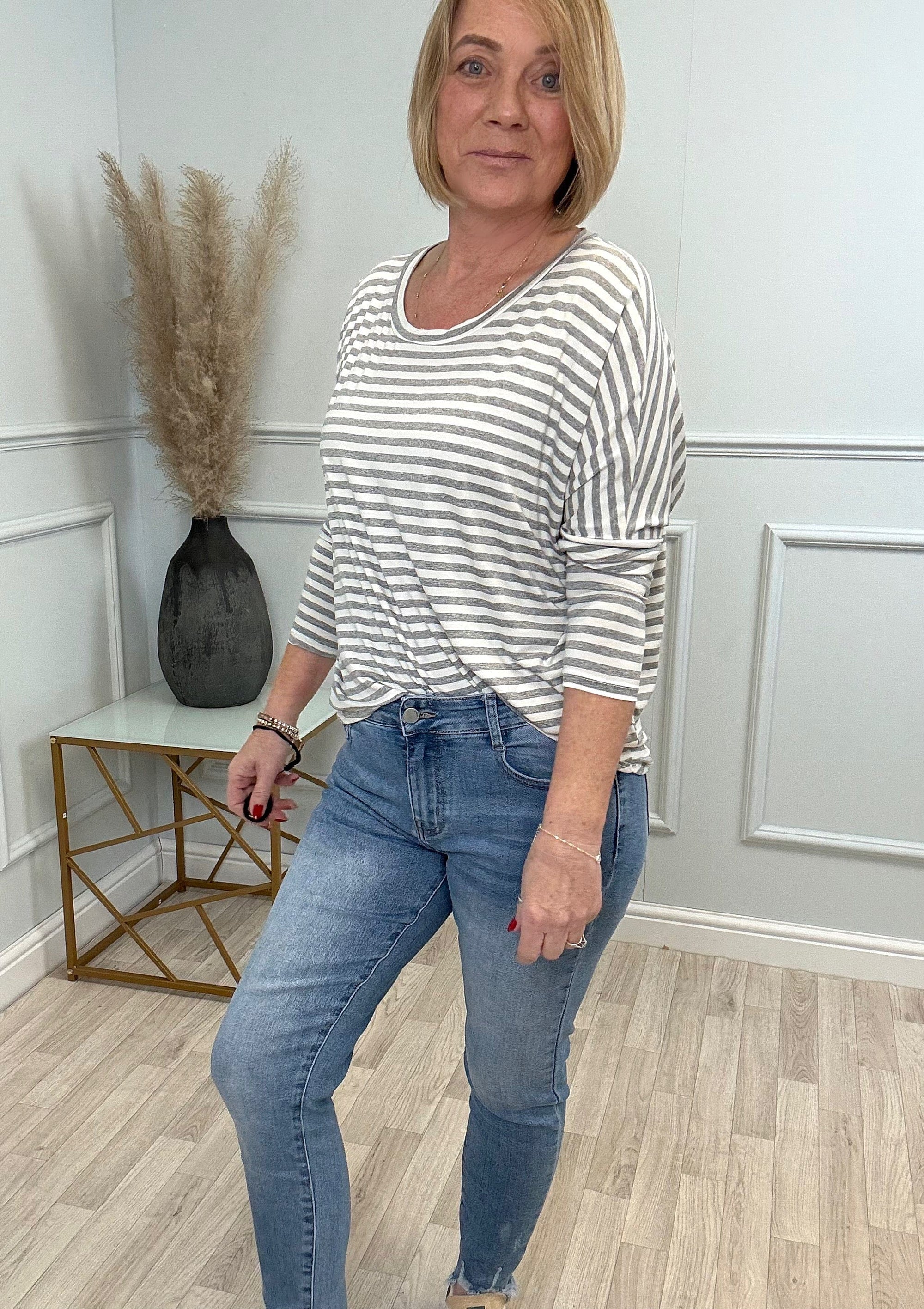 Hallie Scoop Hem Stripe Jersey Top - Size Inclusive (8-20) Grey - Susie's Boutique