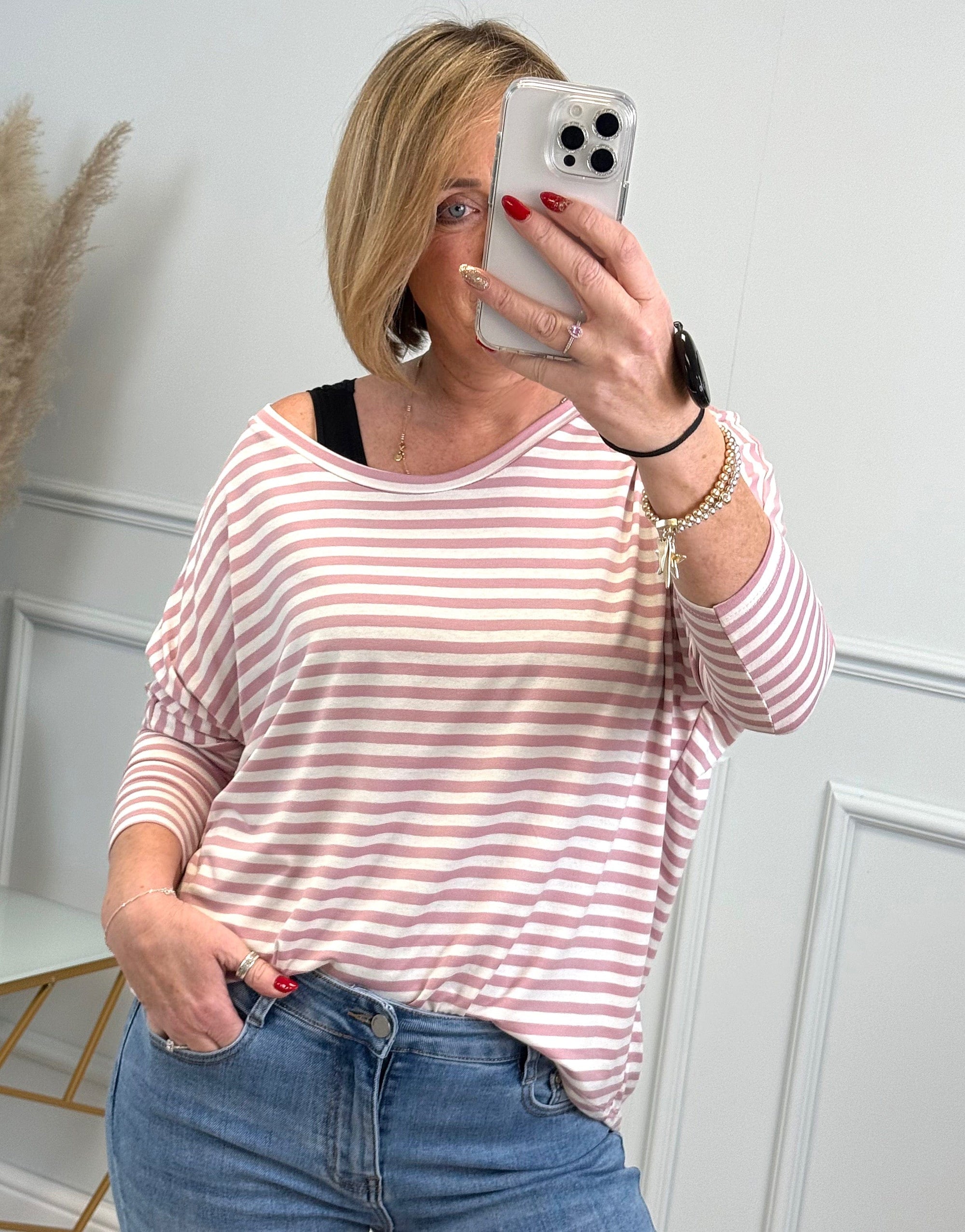 Hallie Scoop Hem Stripe Jersey Top - Size Inclusive (8-20) Pink - Susie's Boutique
