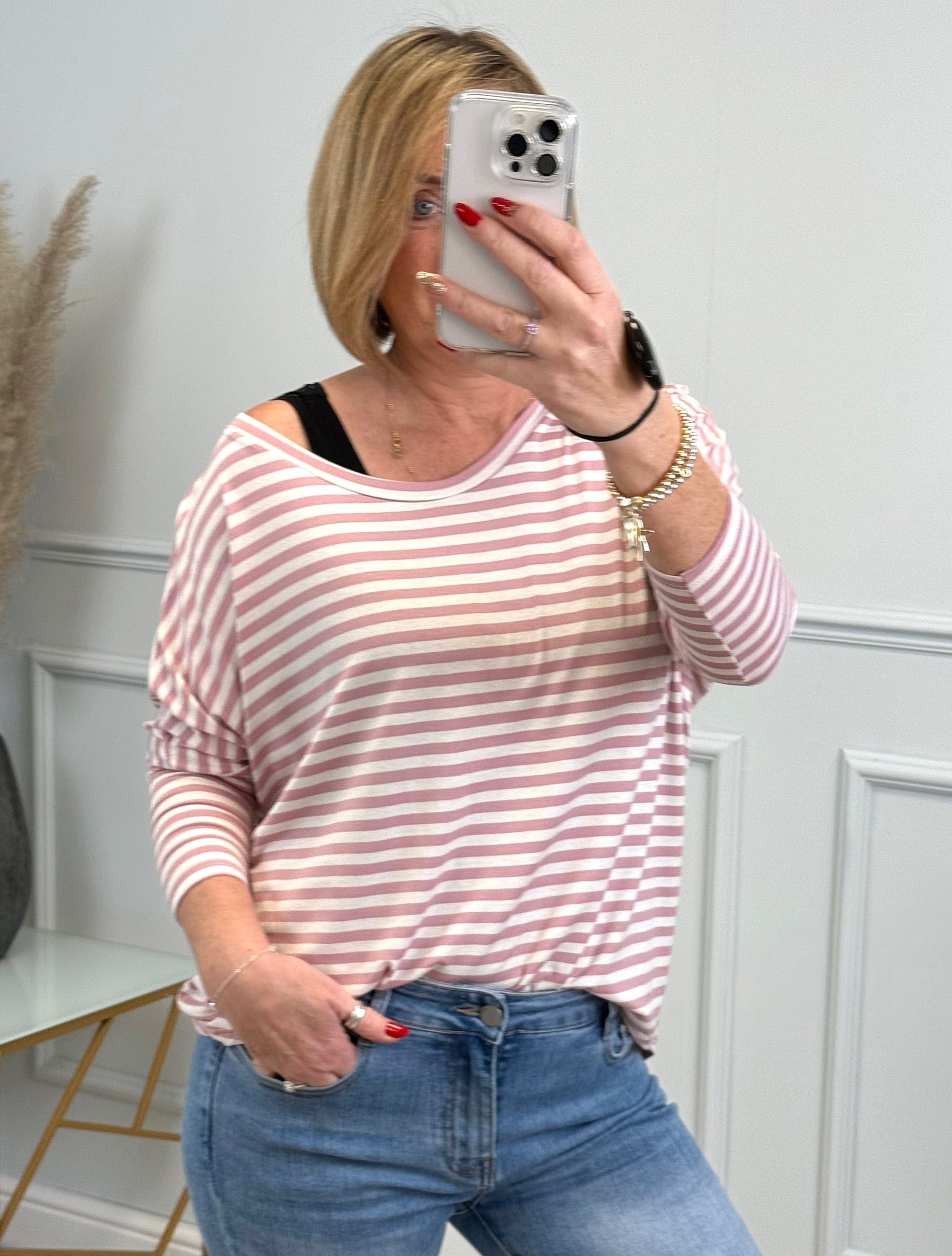 Hallie Scoop Hem Stripe Jersey Top - Size Inclusive (8-20) Pink - Susie's Boutique