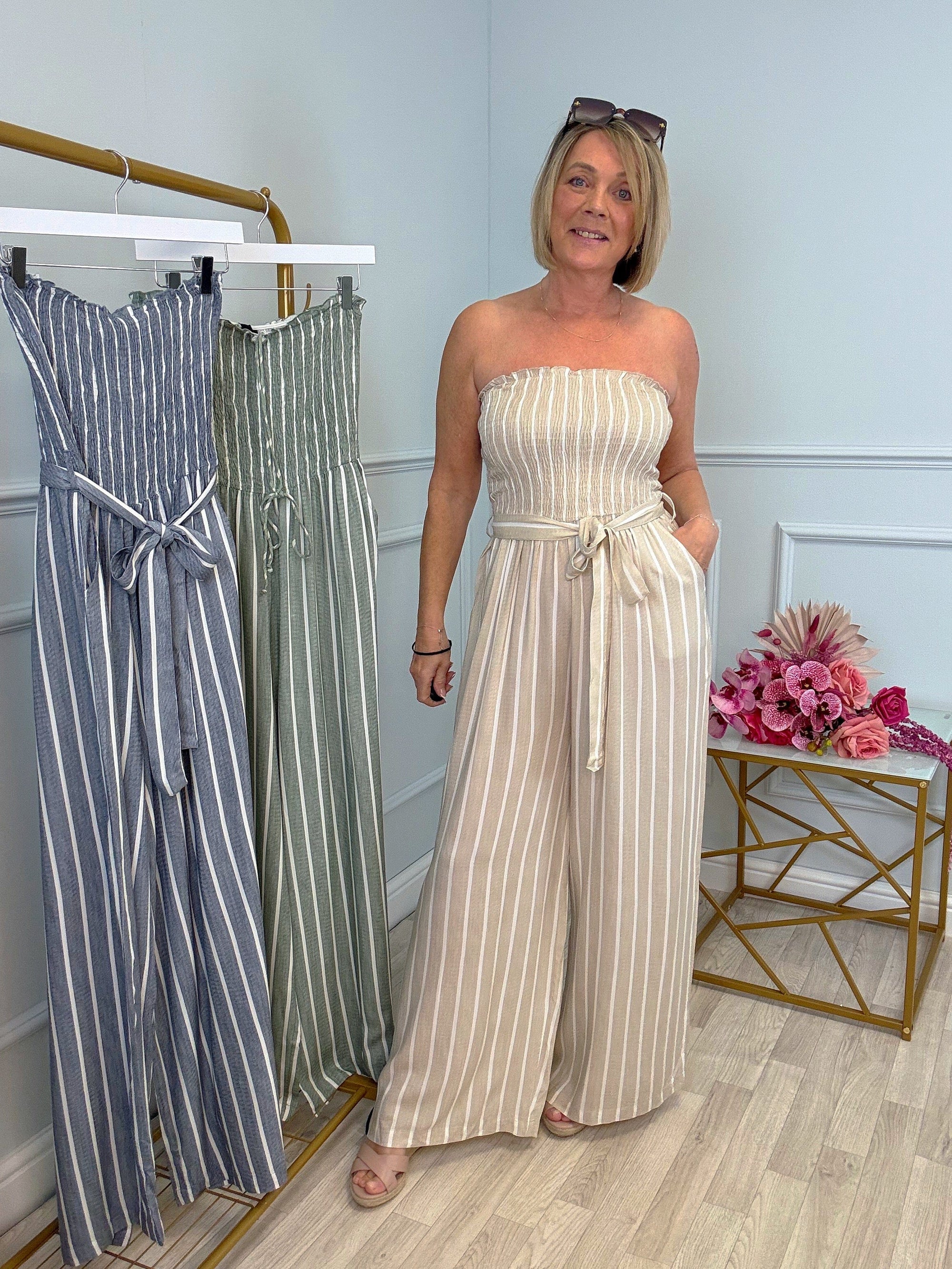Elodie Pinstripe Shirred Tie Neck Jumpsuit 8-16 Beige - Susie's Boutique