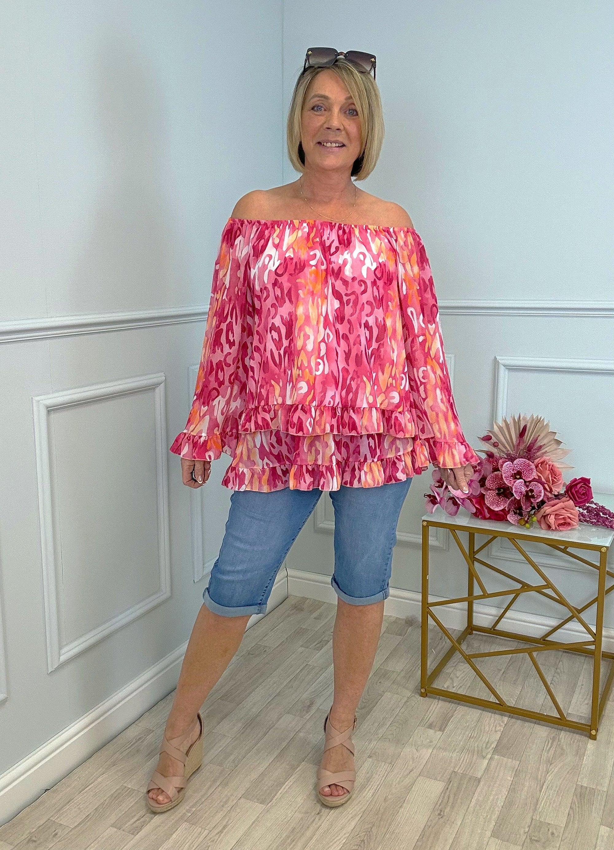 Serena Abstract Animal Print Bardot Frill Hem Chiffon Top Sizes 10-20 Fuchsia