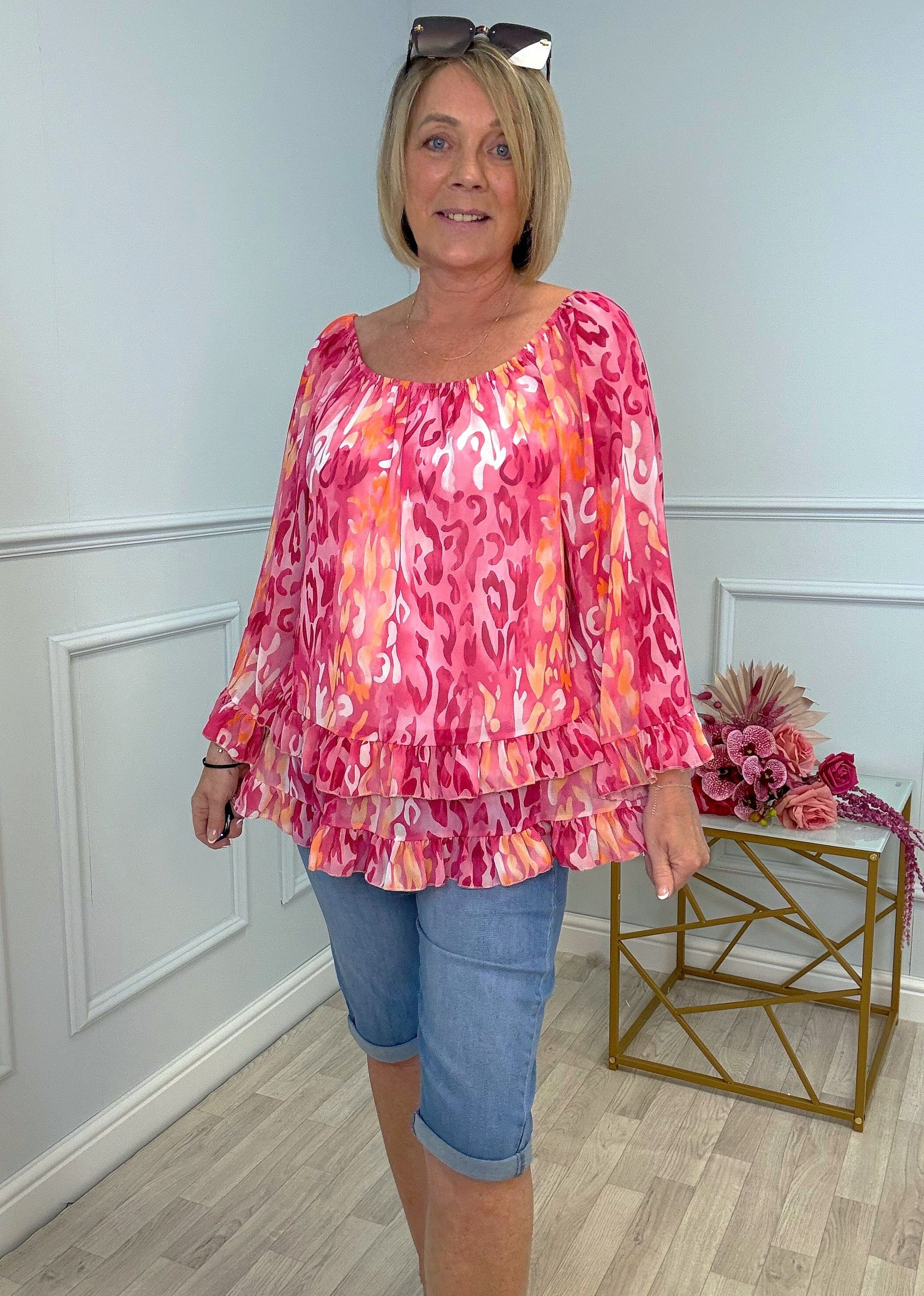 Serena Abstract Animal Print Bardot Frill Hem Chiffon Top Sizes 10-20 Fuchsia
