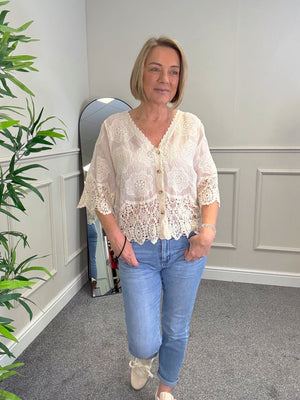 Lona Sheer Button Top with Crochet Trim 8-16