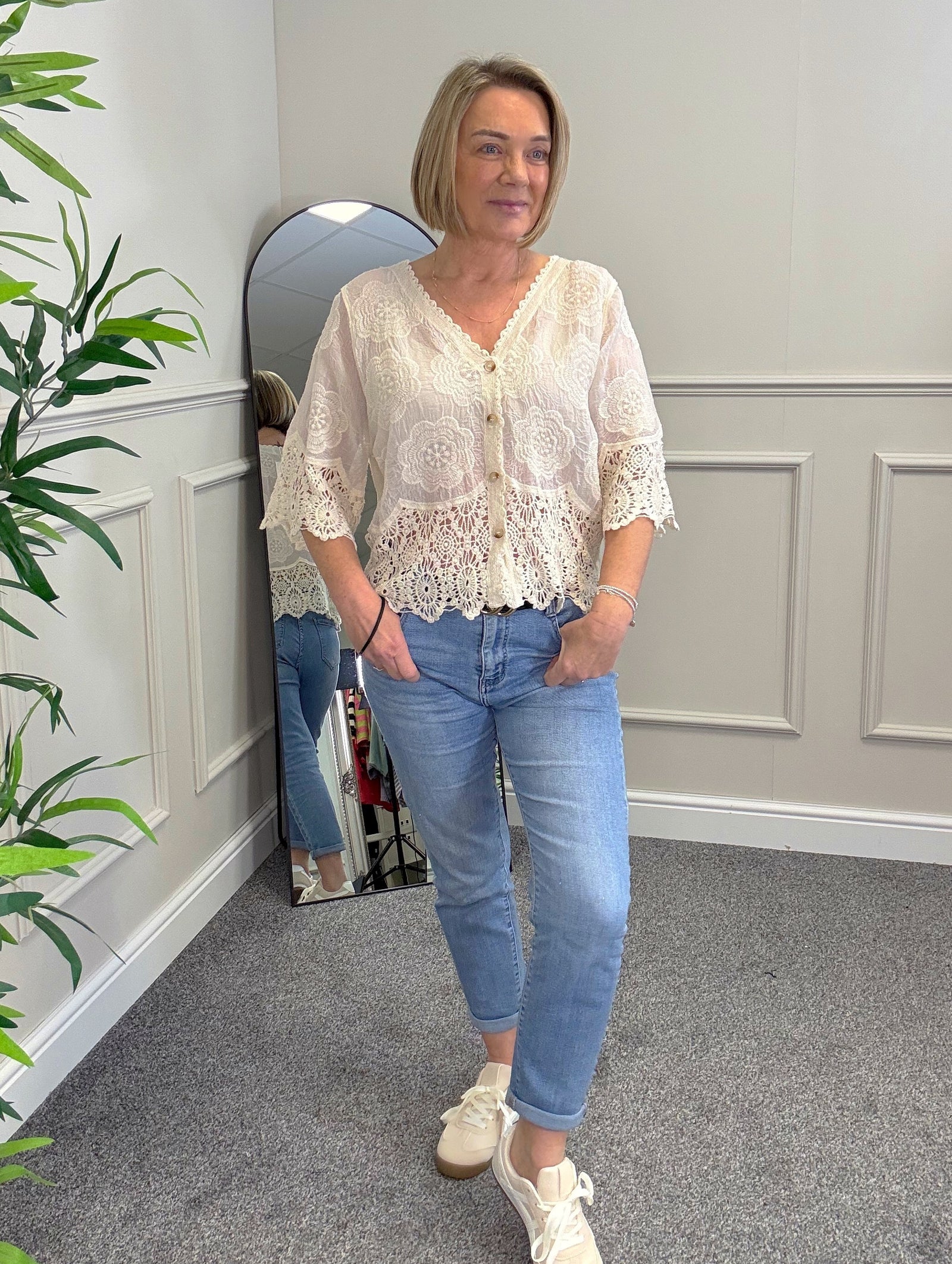 Lona Sheer Button Top with Crochet Trim 8-16