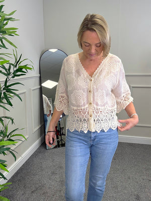 Lona Sheer Button Top with Crochet Trim 8-16