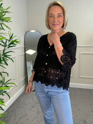 Lona Sheer Button Top with Crochet Trim 8-16