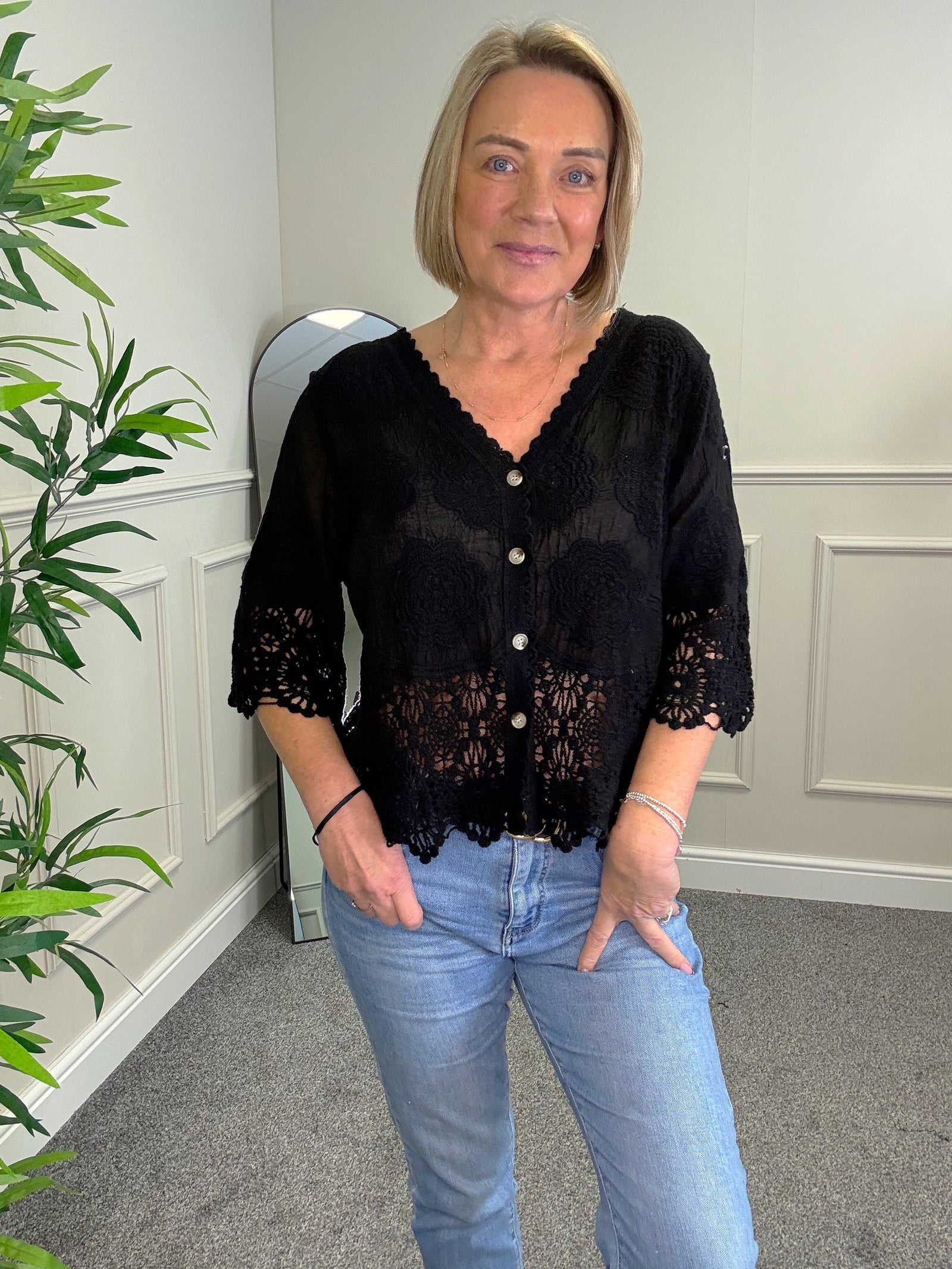 Lona Sheer Button Top with Crochet Trim 8-16