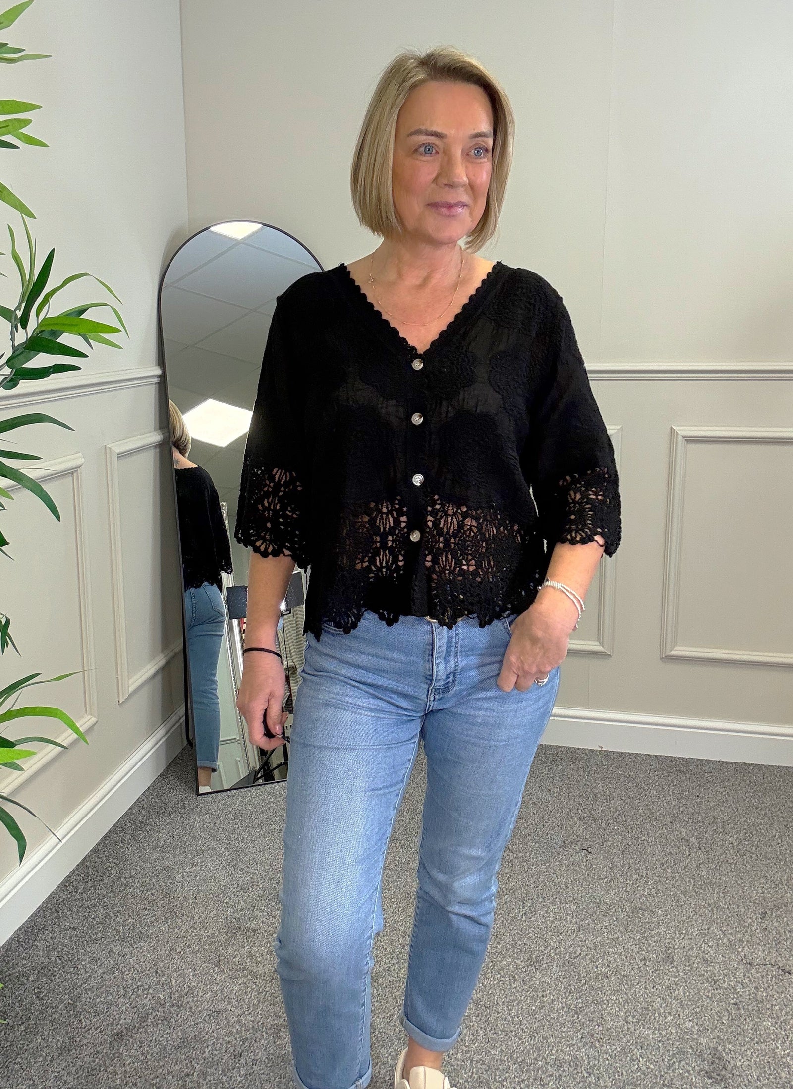 Lona Sheer Button Top with Crochet Trim 8-16