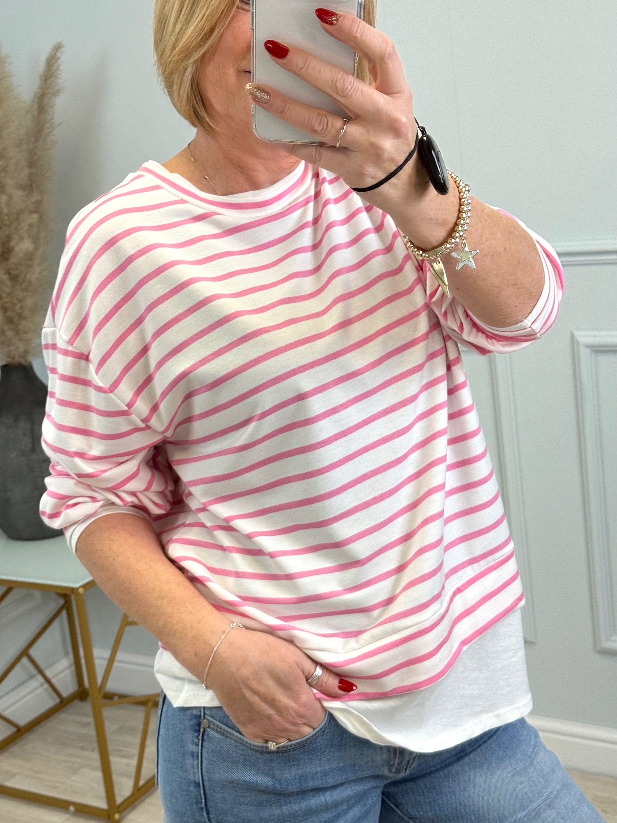 The Clara Stripe Long-Sleeve Top with Layering Detail | Sizes 8-18 Pink - Susie's Boutique
