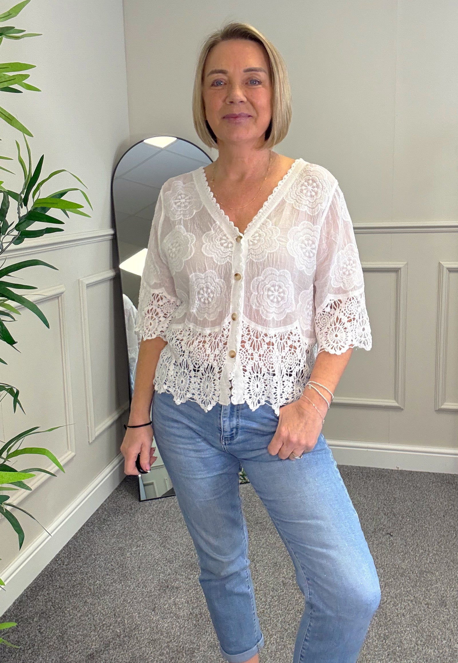 Lona Sheer Button Top with Crochet Trim 8-16