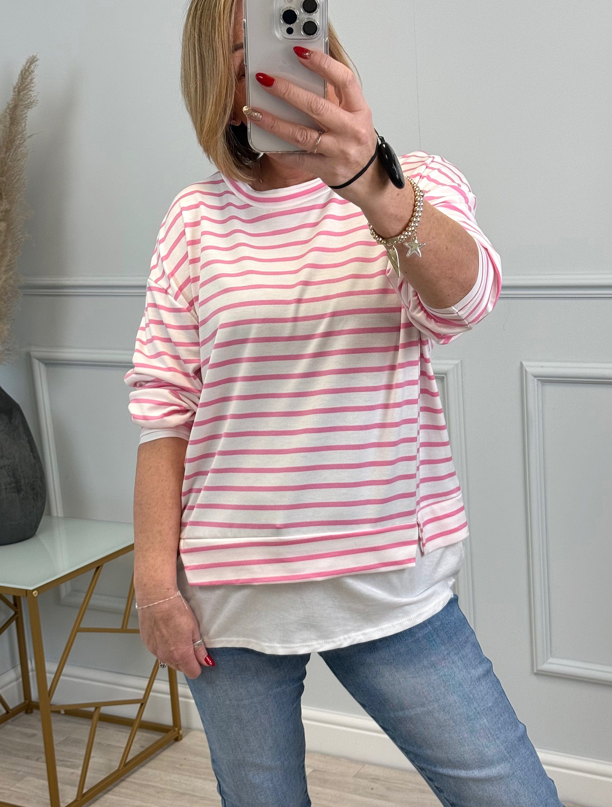 The Clara Stripe Long-Sleeve Top with Layering Detail | Sizes 8-18 Pink - Susie's Boutique