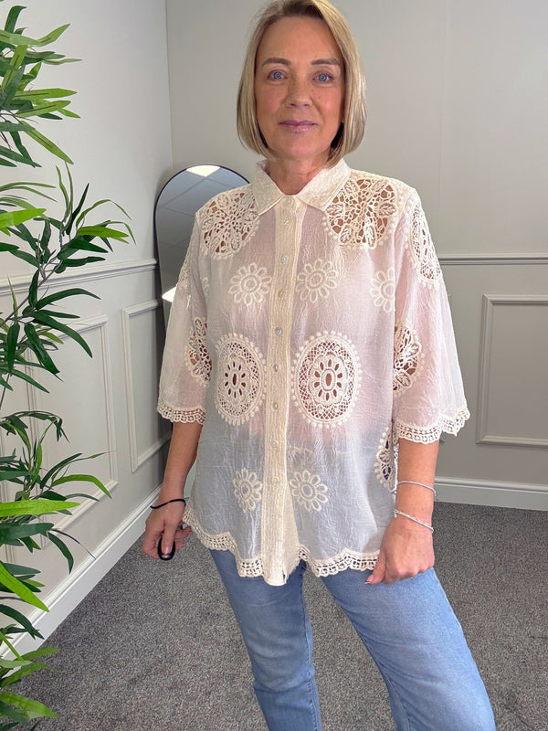 Amara Cotton Lace  Button Blouse 10-18