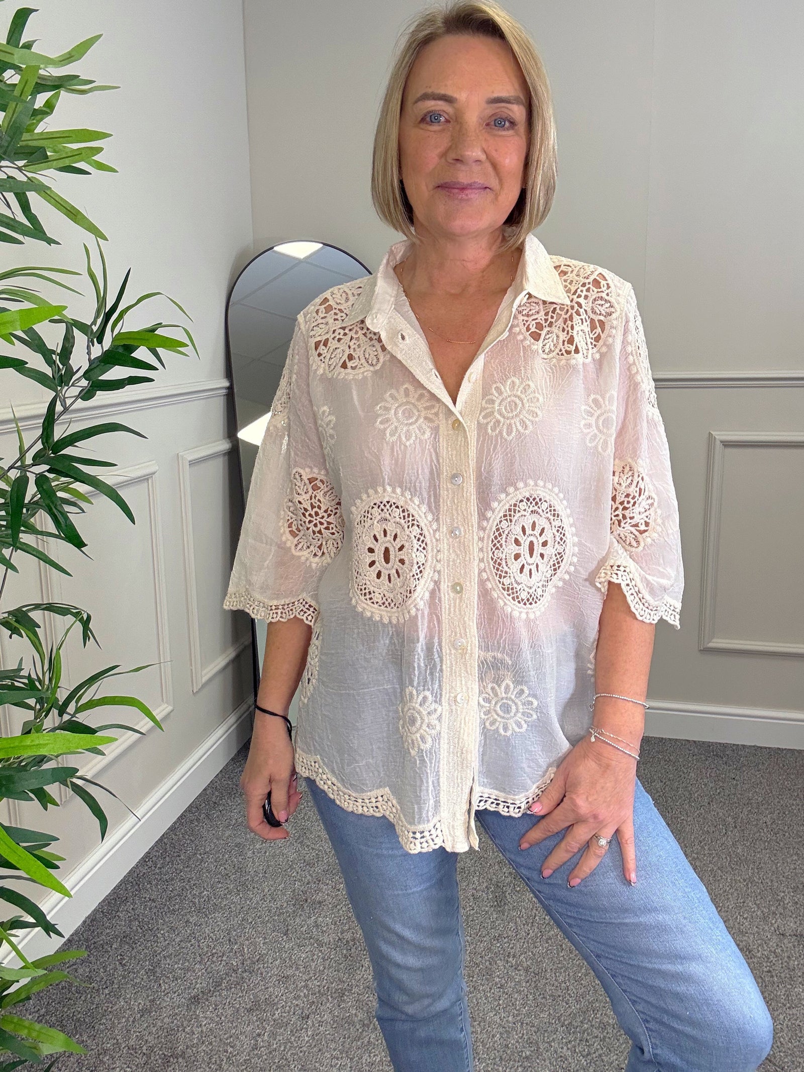 Amara Cotton Lace  Button Blouse 10-18