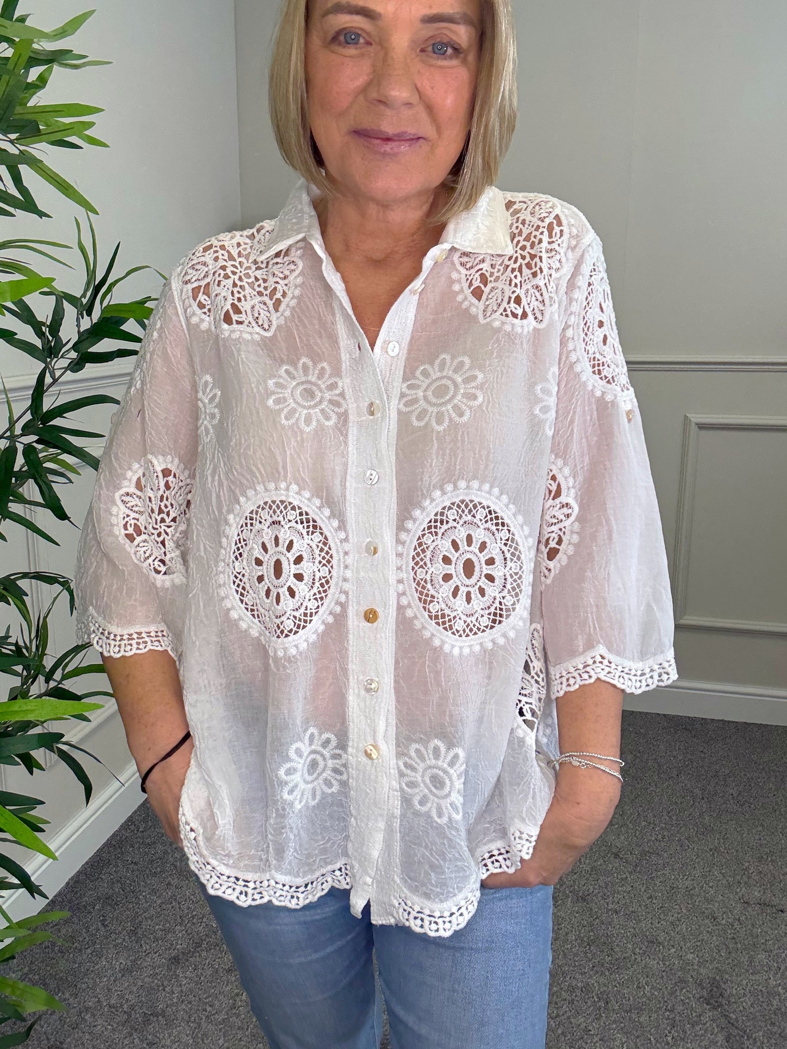 Amara Cotton Lace  Button Blouse 10-18