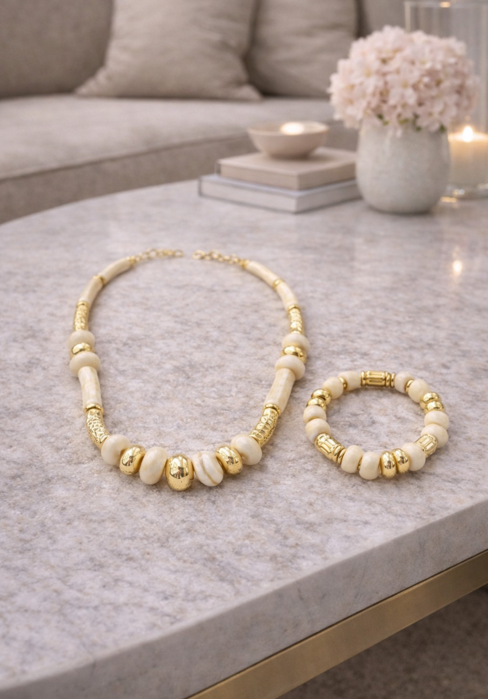 Gold & Natural Bead Necklace and Bracelet Set