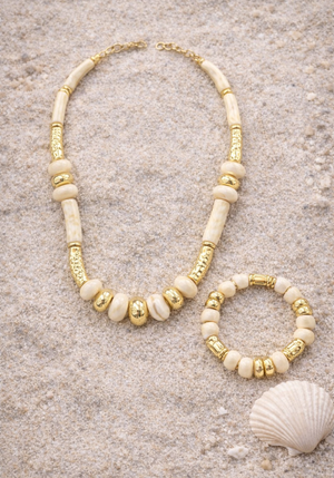 Gold & Natural Bead Necklace and Bracelet Set