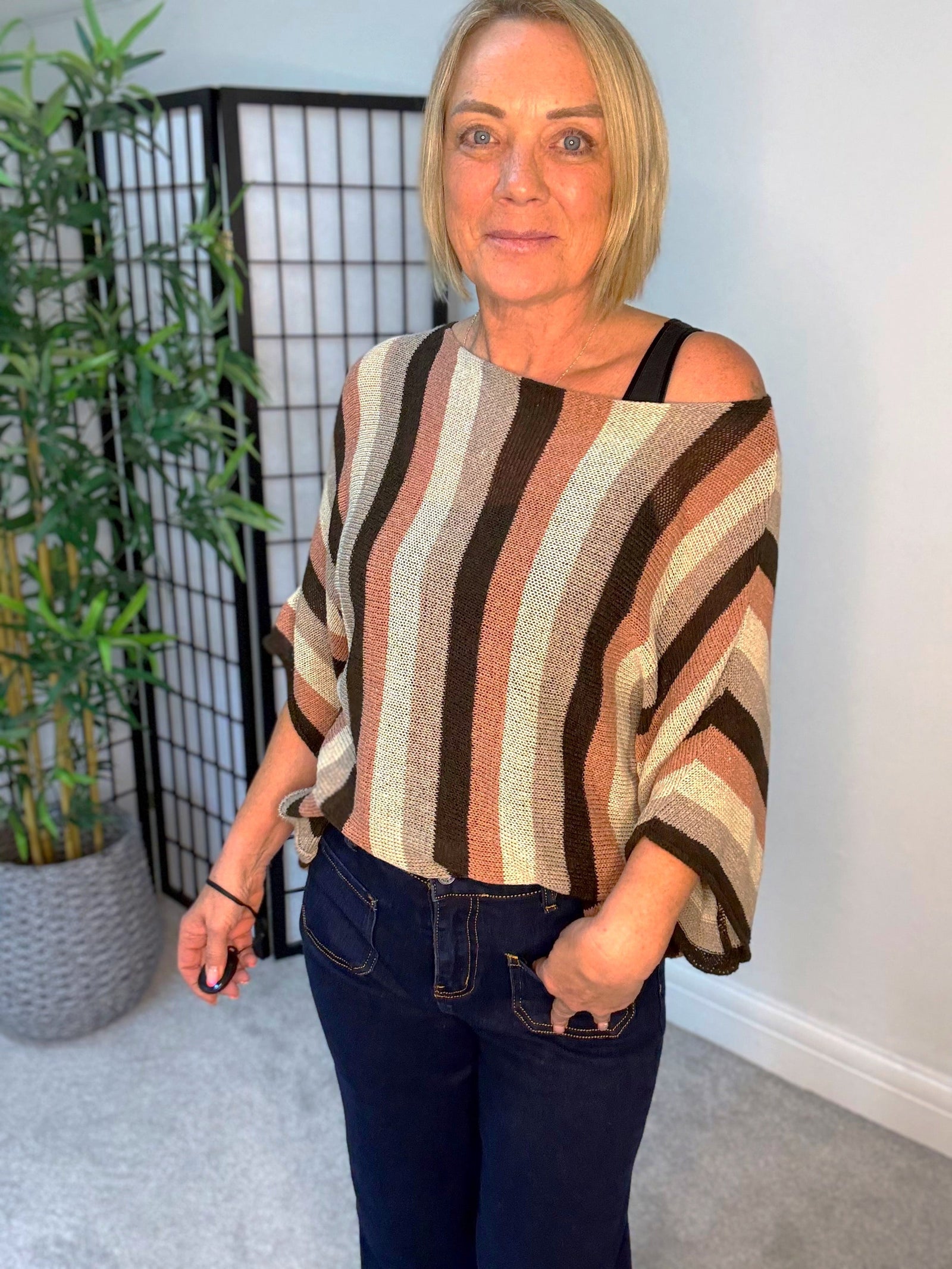 Amber Stripe Jumper in pink styled with jeans