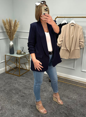 Amalie Ruched Sleeve Blazer Sizes 12-18 Navy - Susie's Boutique
