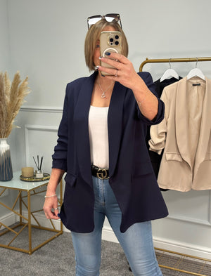 Amalie Ruched Sleeve Blazer Sizes 12-18 Navy - Susie's Boutique