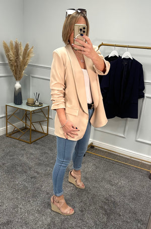 Amalie Ruched Sleeve Blazer Sizes 12-18 Sand - Susie's Boutique