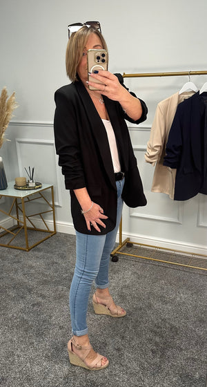 Amalie Ruched Sleeve Blazer Sizes 12-18 Black - Susie's Boutique