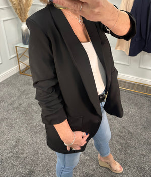 Amalie Ruched Sleeve Blazer Sizes 12-18 Black - Susie's Boutique