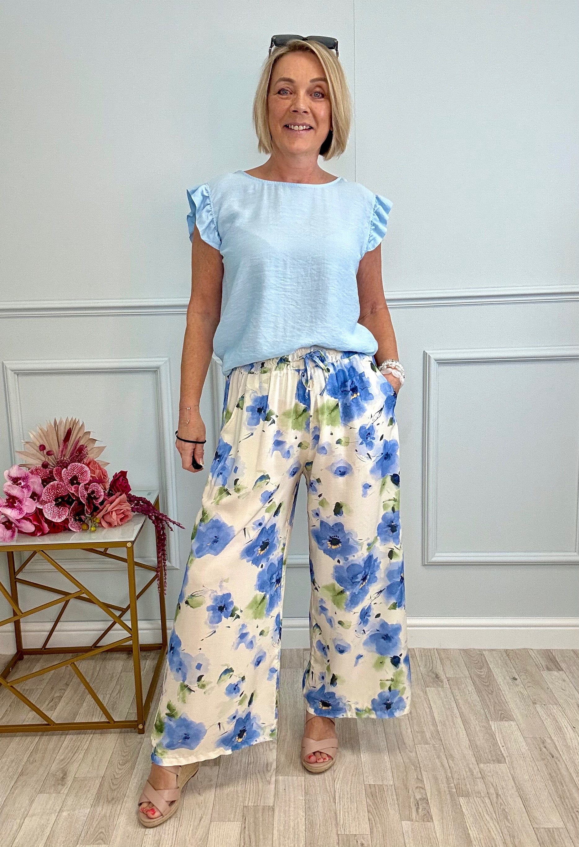 Elowen Wide-Leg Trousers 8–16 Blue Bloom - Susie's Boutique