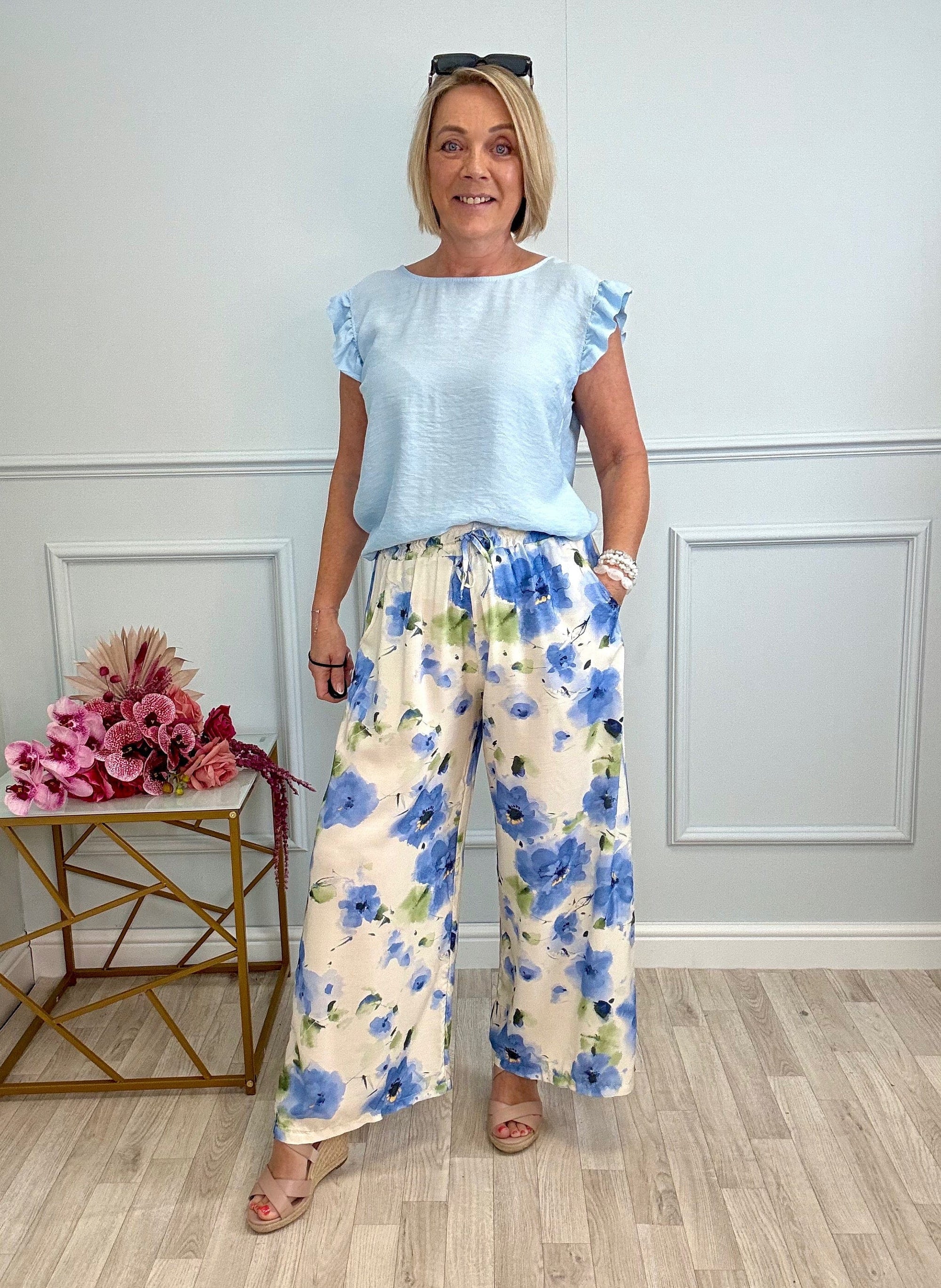 Elowen Wide-Leg Trousers 8–16 Blue Bloom - Susie's Boutique