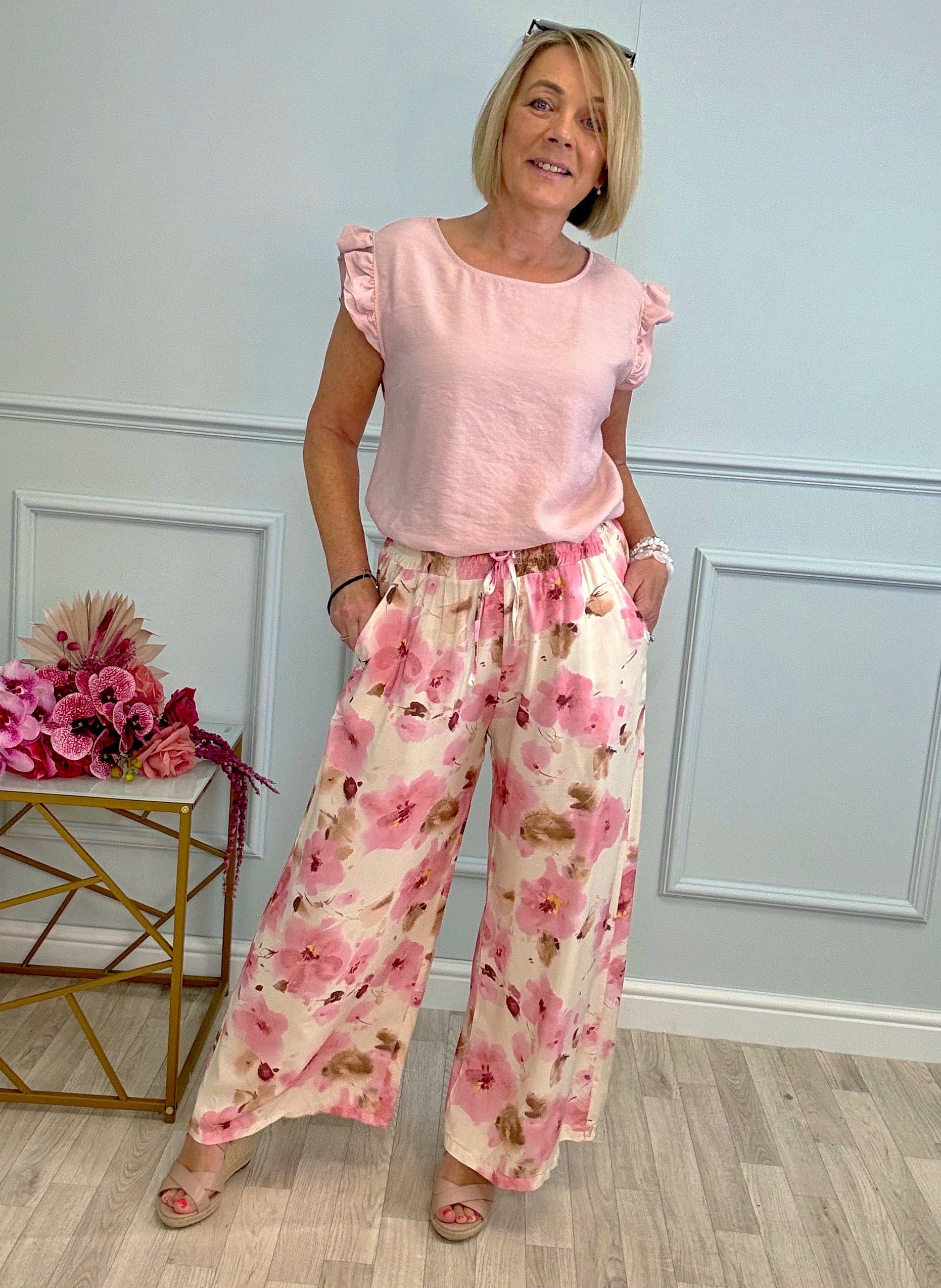 Elowen Wide-Leg Trousers 8–16 Pink Floral - Susie's Boutique