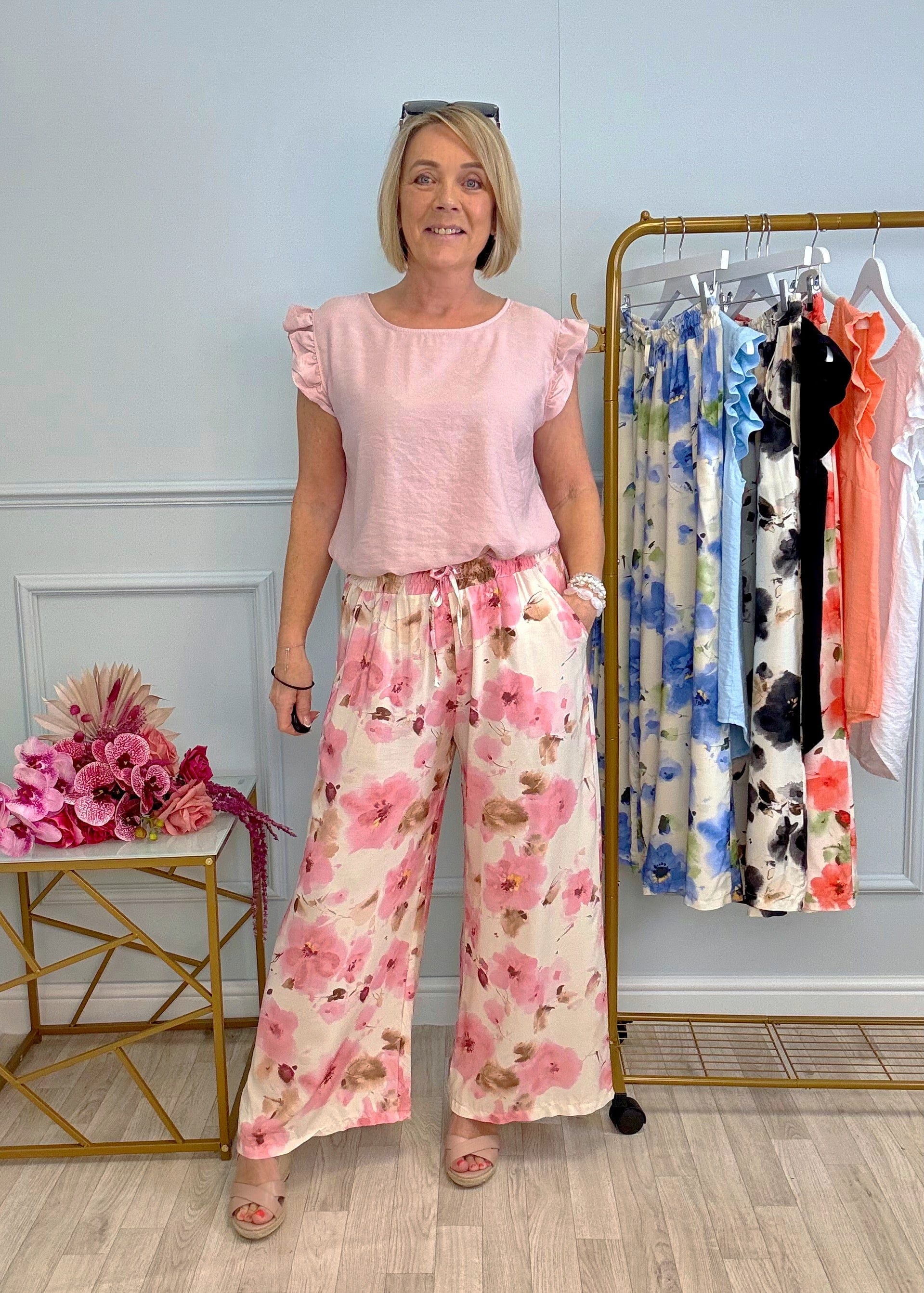 Elowen Wide-Leg Trousers 8–16 Pink Floral - Susie's Boutique
