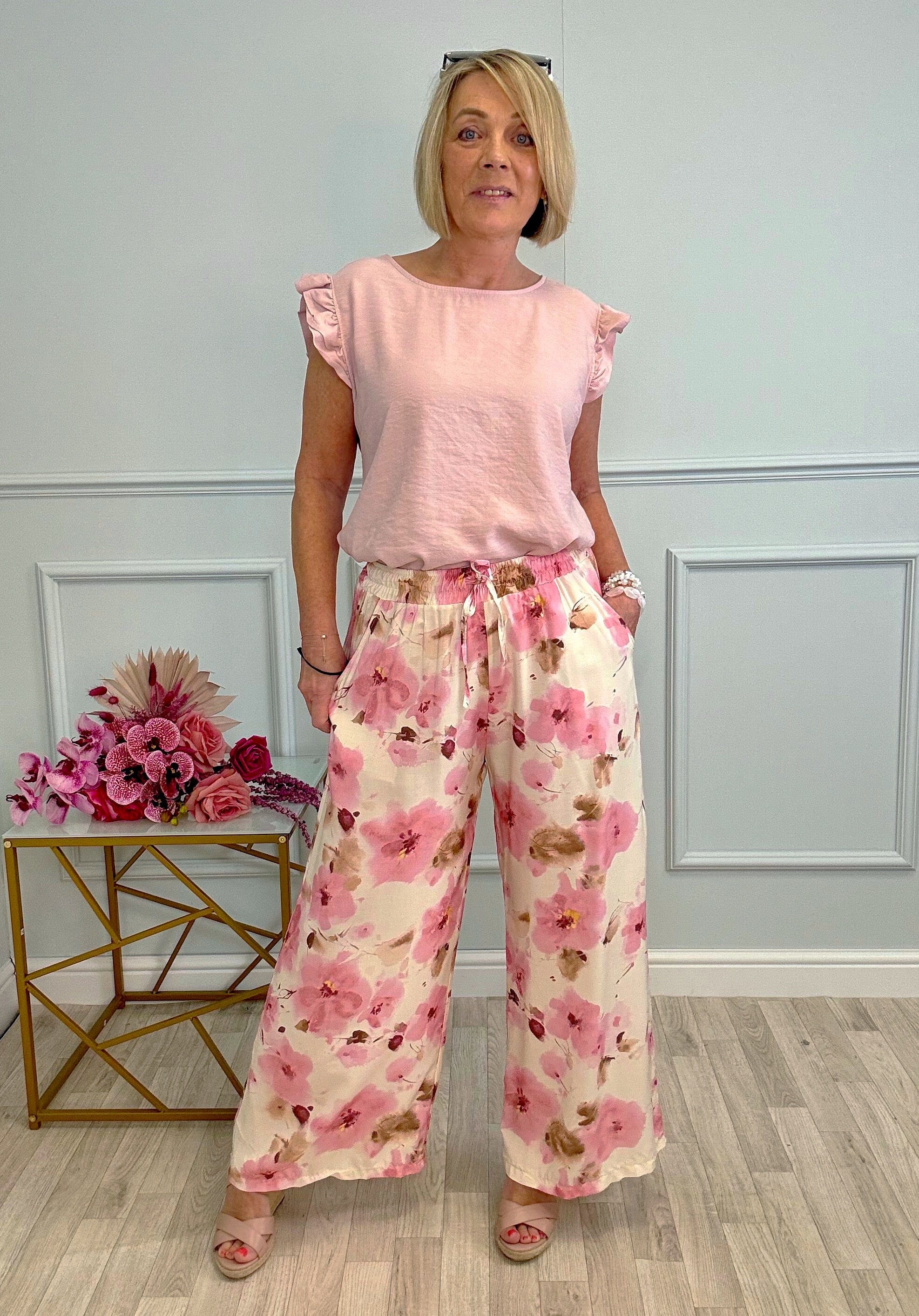 Elowen Wide-Leg Trousers 8–16 Pink Floral - Susie's Boutique