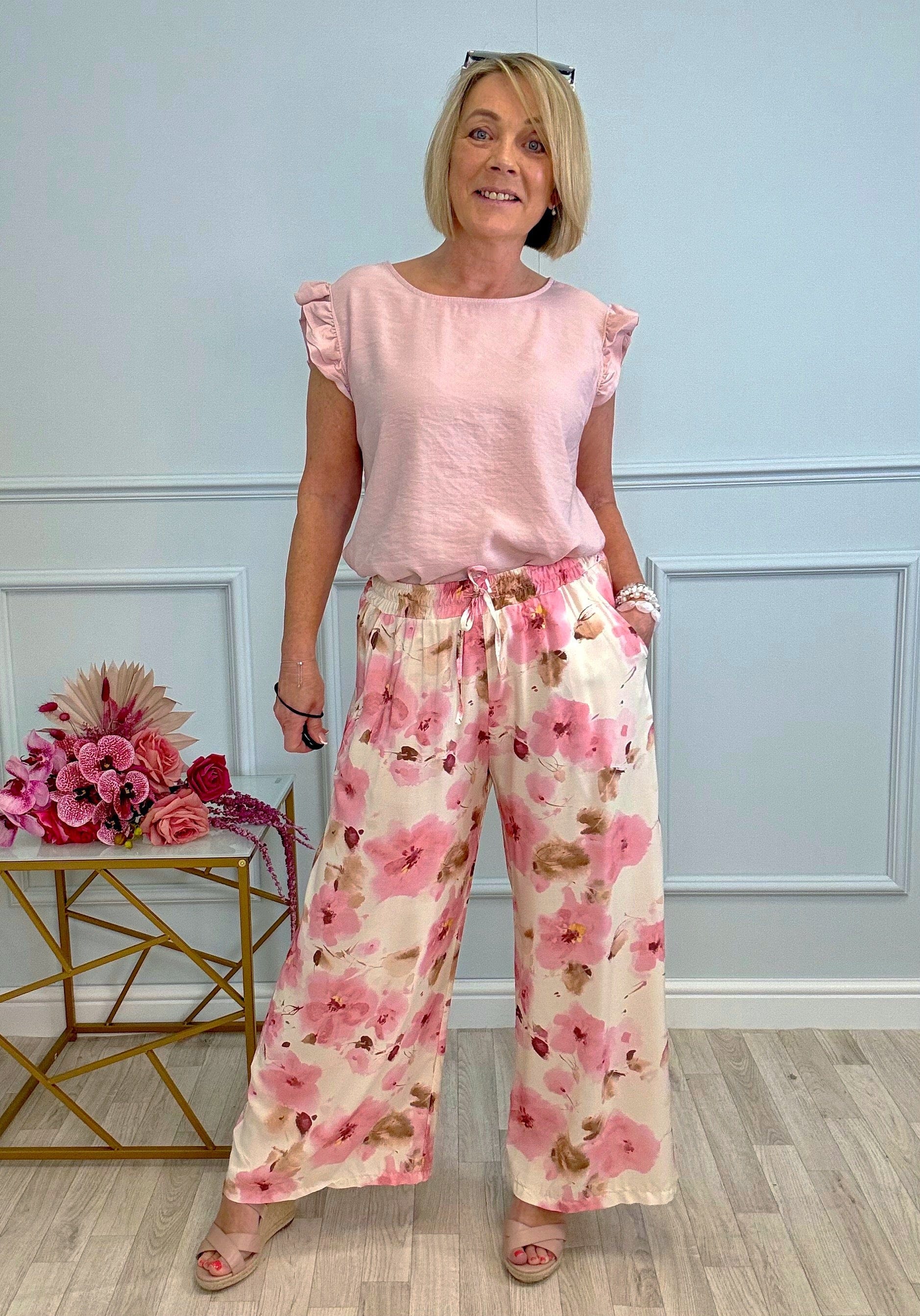 Elowen Wide-Leg Trousers 8–16 Pink Floral - Susie's Boutique