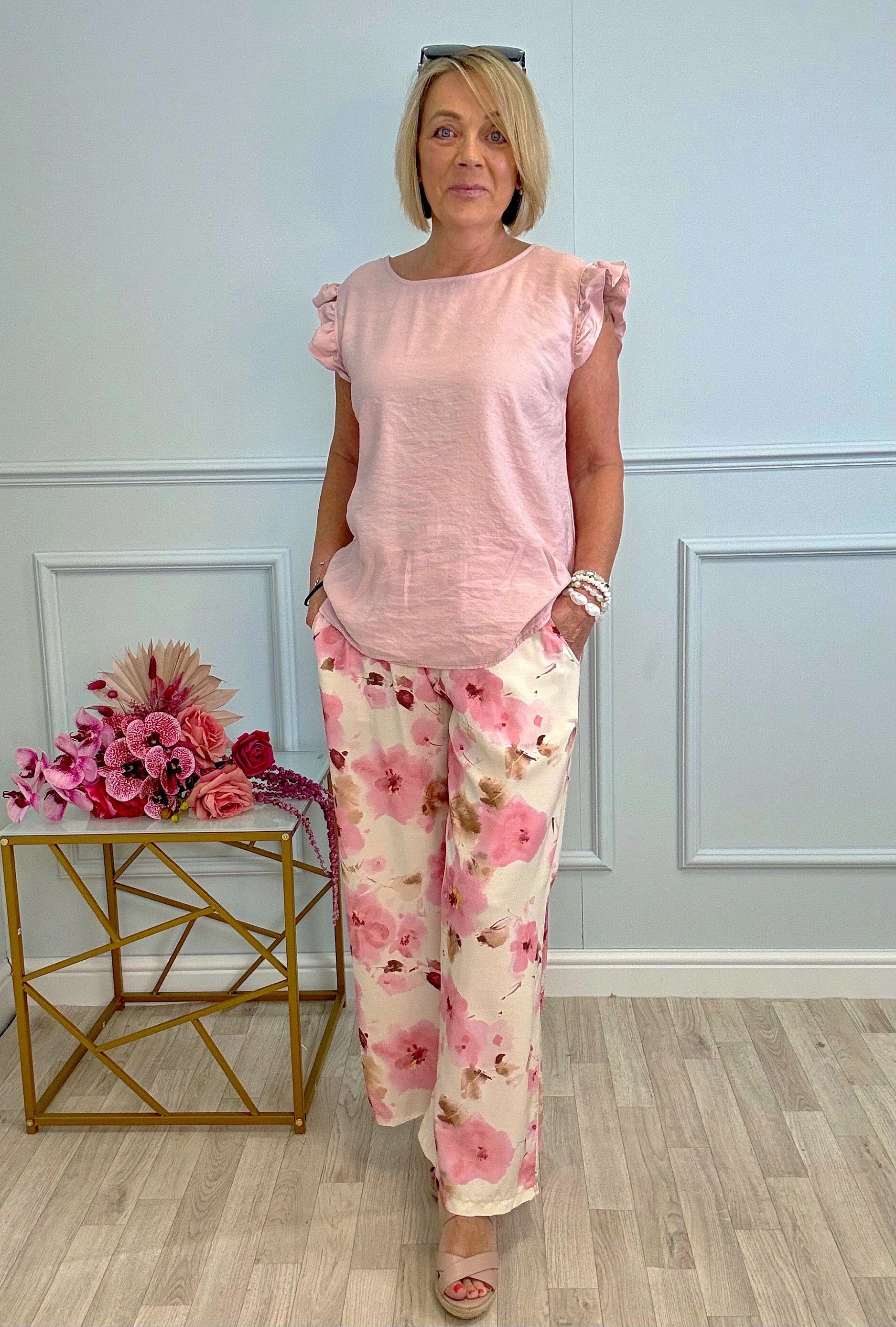Elowen Wide-Leg Trousers 8–16 Pink Floral - Susie's Boutique