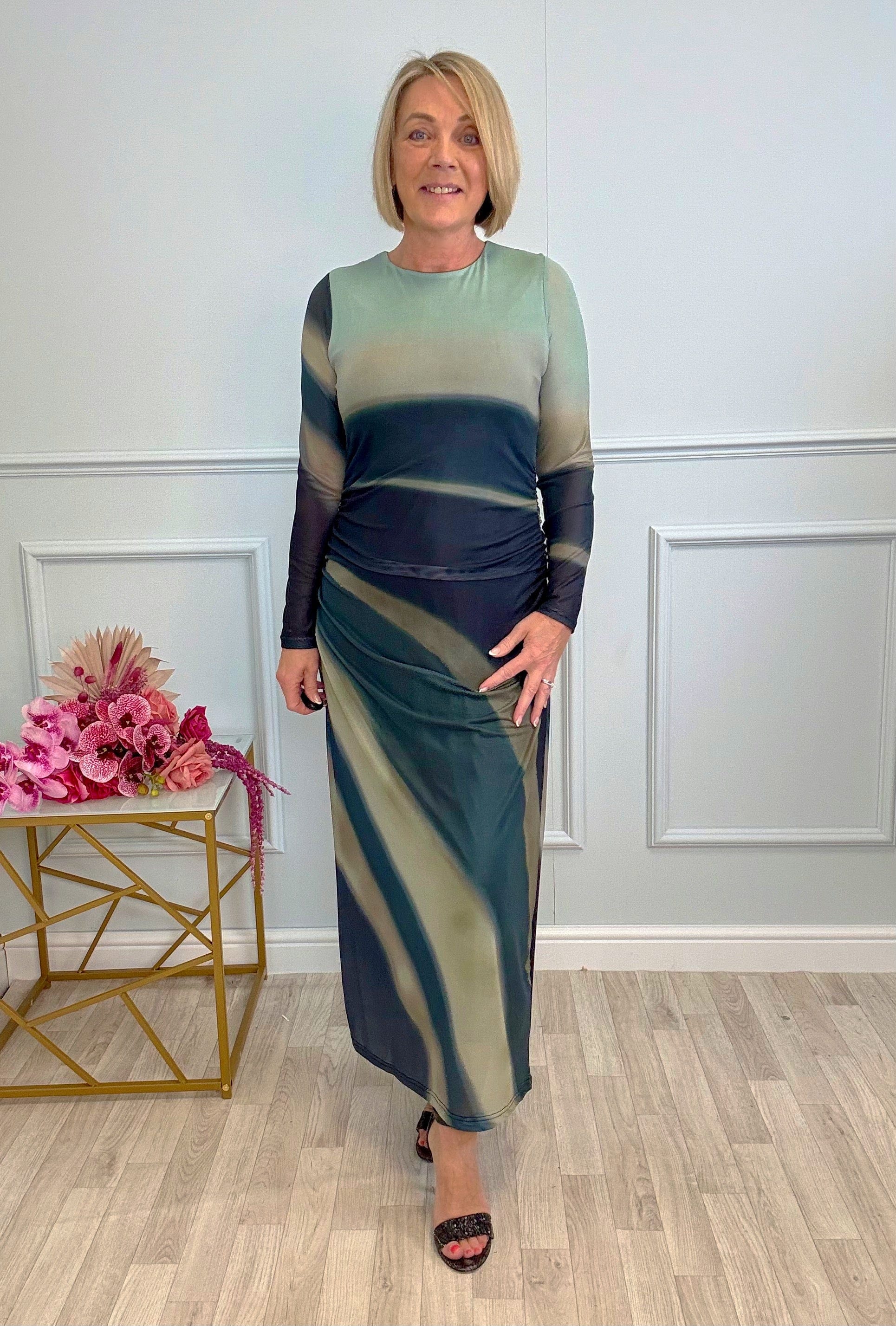Rhea Mesh Maxi Dress 8-14 Olive Wave