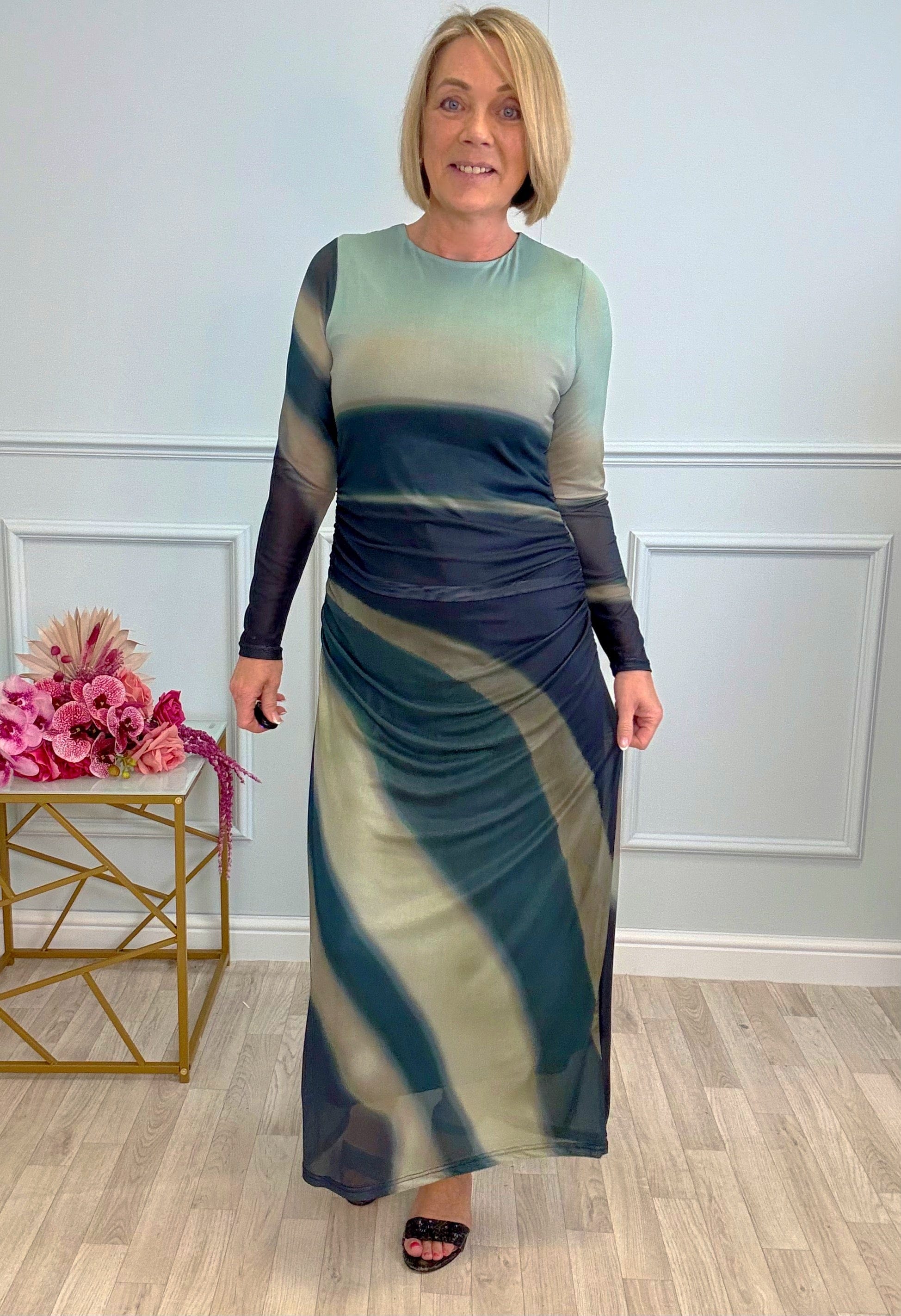 Rhea Mesh Maxi Dress 8-14 Olive Wave