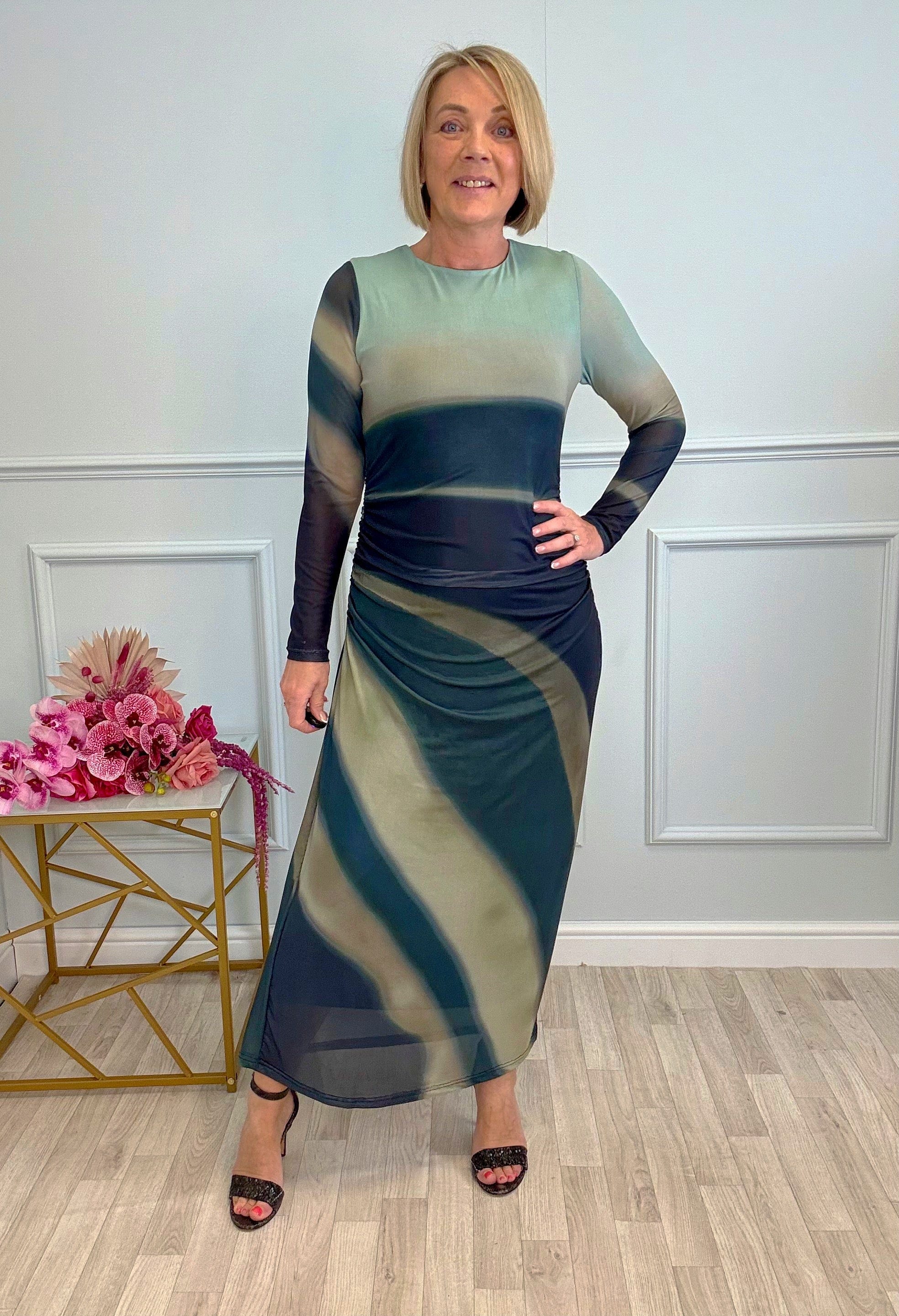 Rhea Mesh Maxi Dress 8-14 Olive Wave