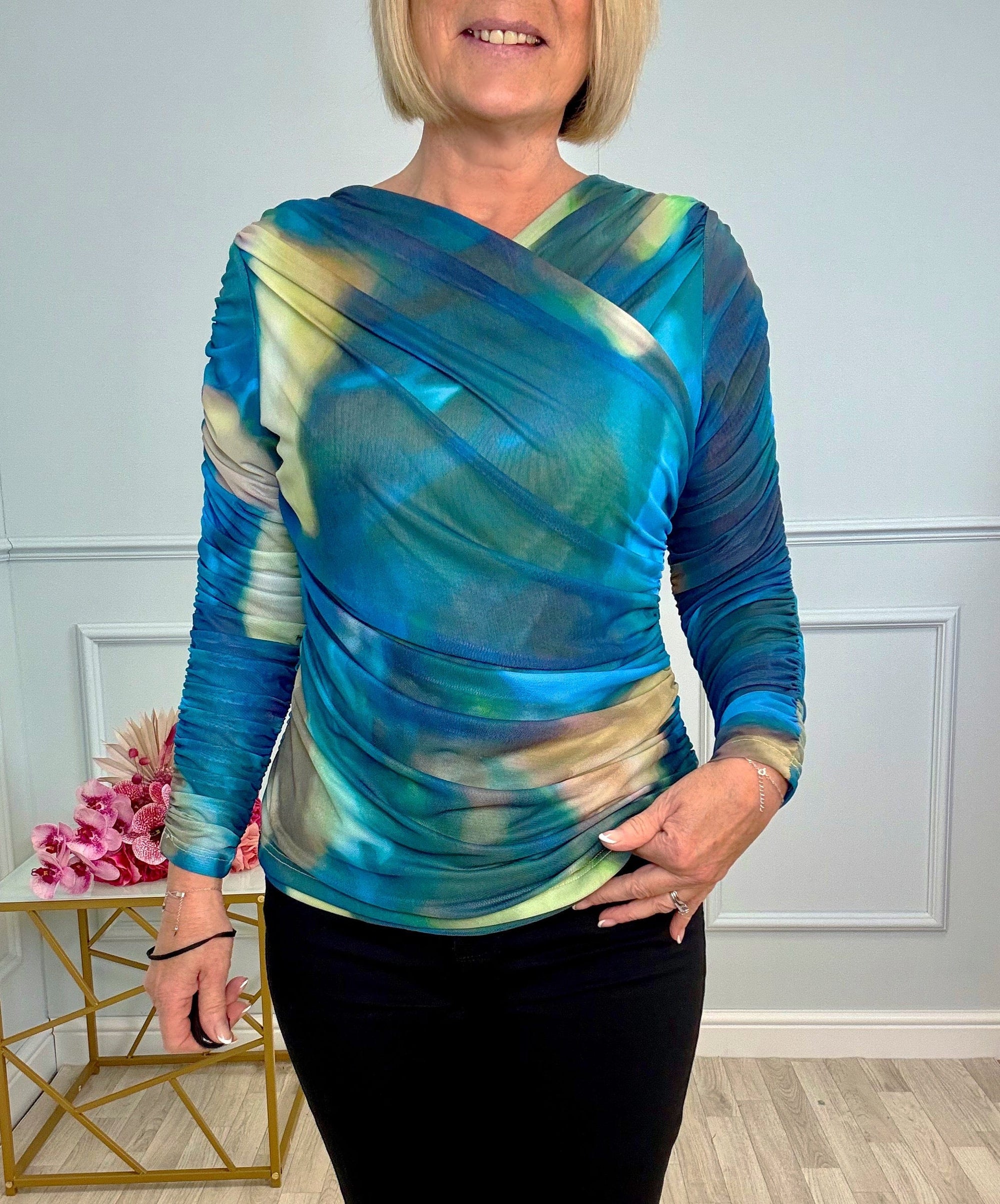 Nyla Mesh Swirl Top 8-14 Ocean Mist