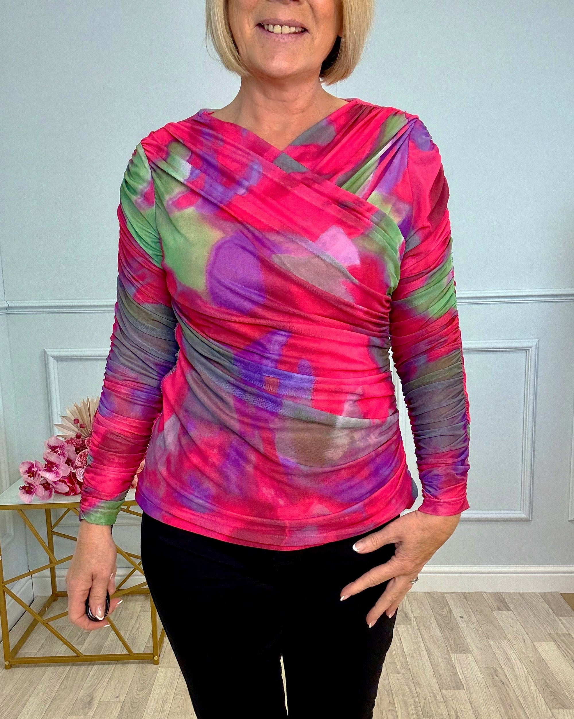 Nyla Mesh Swirl Top 8-14 Hot Pink